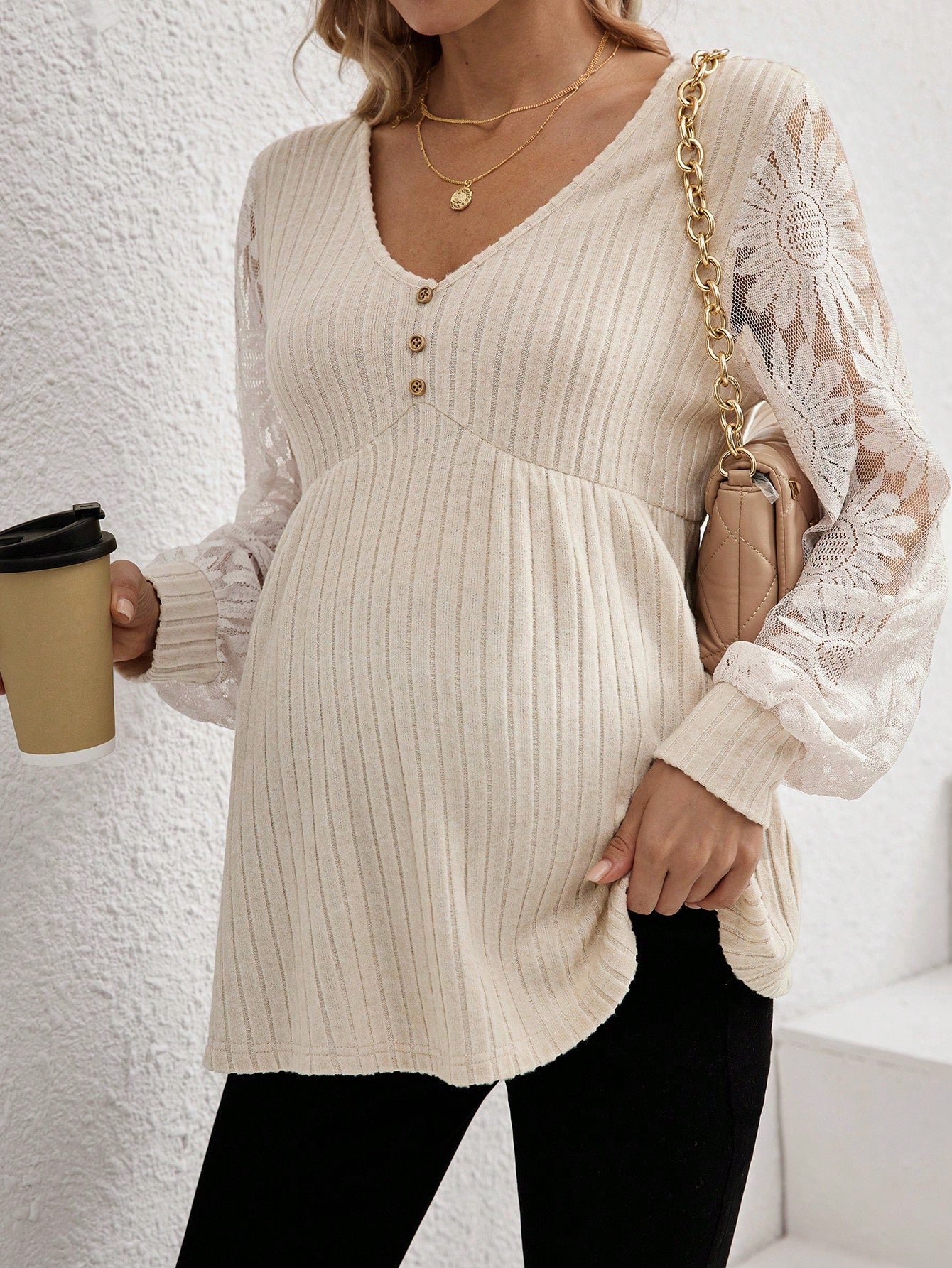 Maternity Button Down V-Neck Loose Long Sleeve T-Shirt