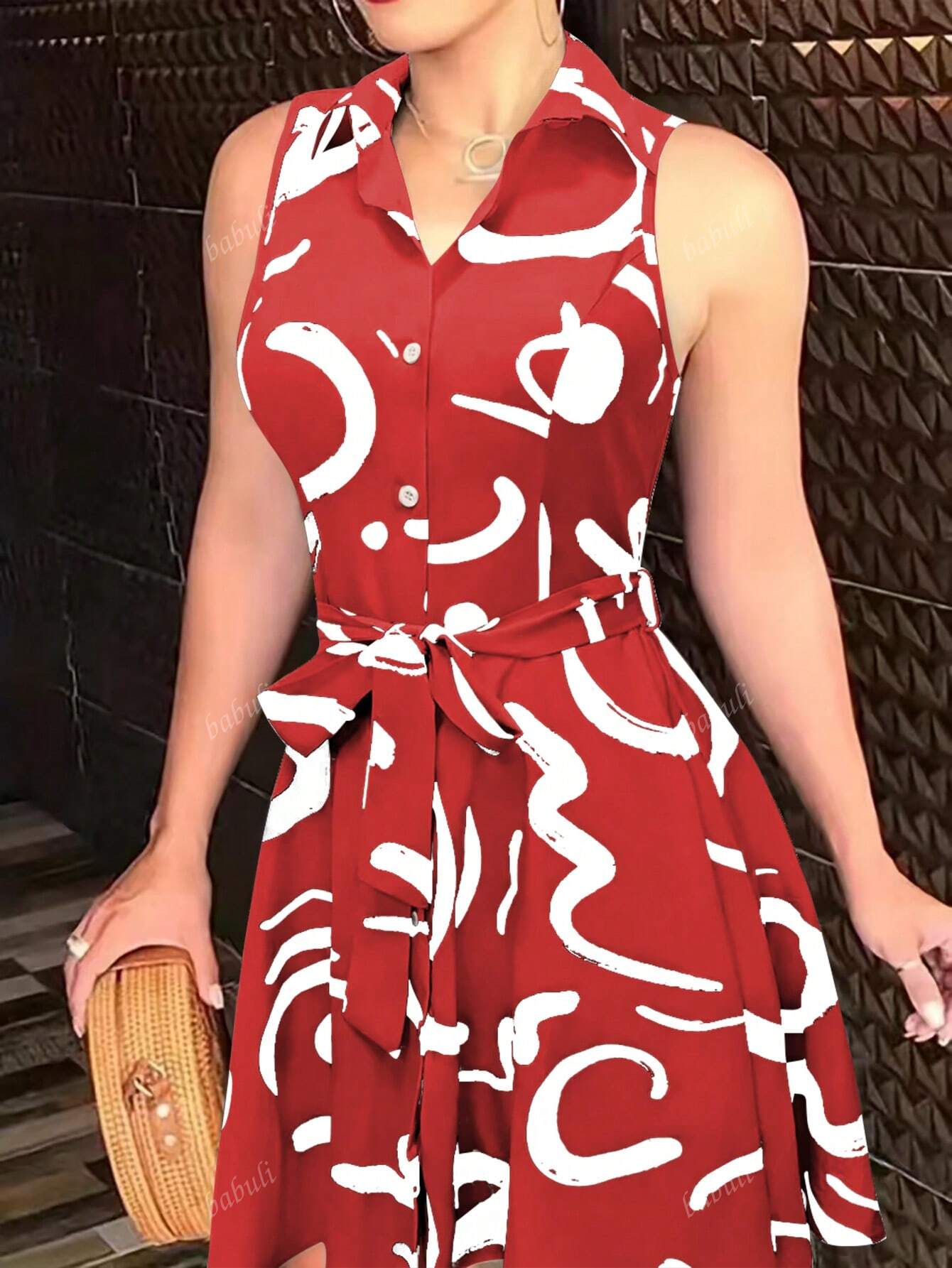 1. Abstract Print Front Button Sleeveless Dress, Casual Cinched Waist Turndown Collar Dress 2. Printed Elegant Waist Shirt Dress