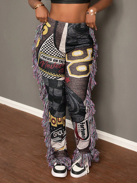 Slayr Autumn And Winter New Casual Street Retro Element Printed Tassel Webbing Decorative Trousers Women's Leggings-A