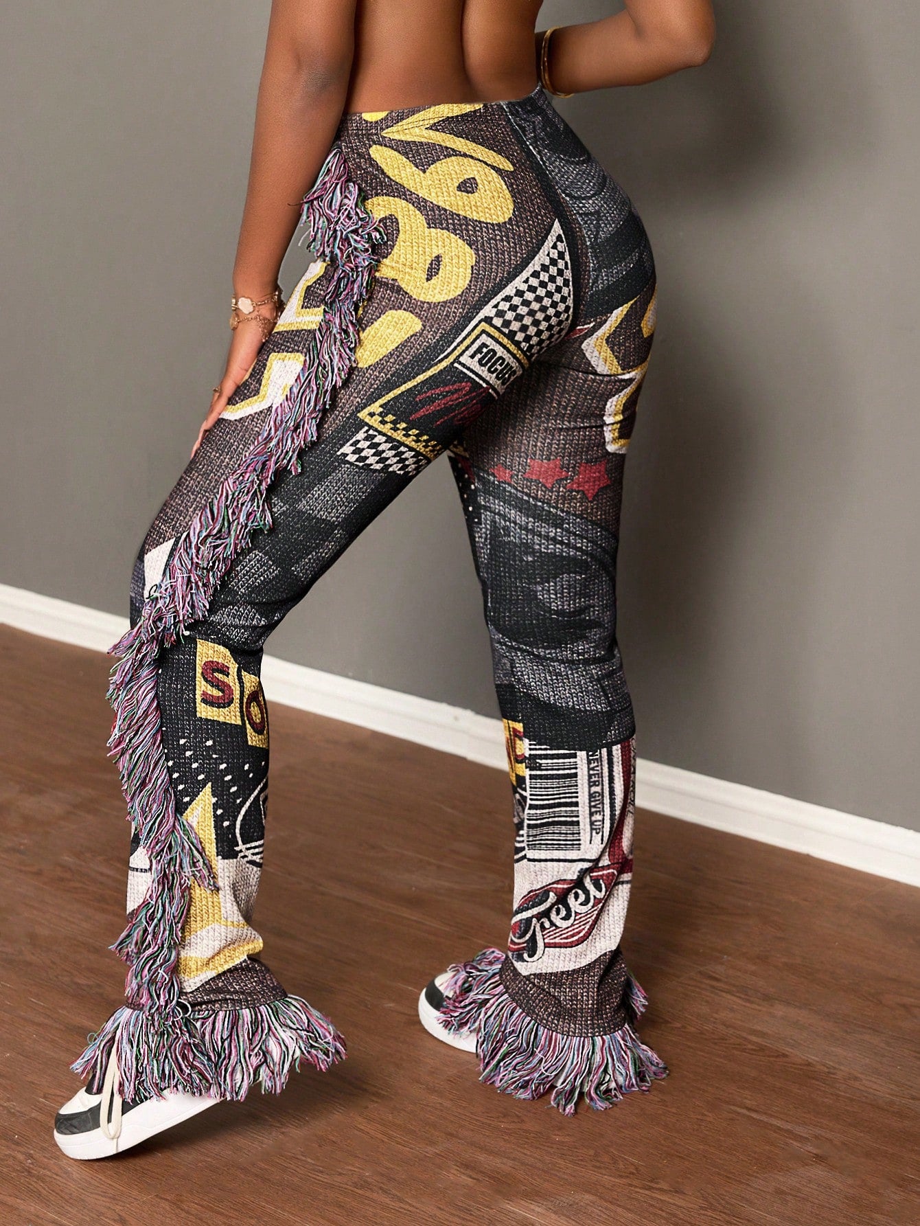 Slayr Autumn And Winter New Casual Street Retro Element Printed Tassel Webbing Decorative Trousers Women's Leggings-A