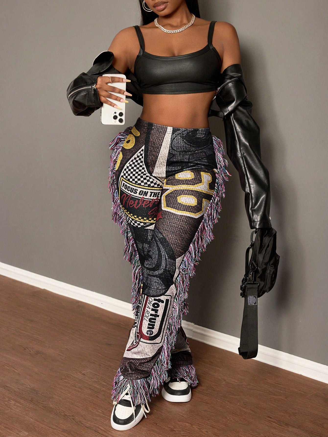 Slayr Autumn And Winter New Casual Street Retro Element Printed Tassel Webbing Decorative Trousers Women's Leggings-A