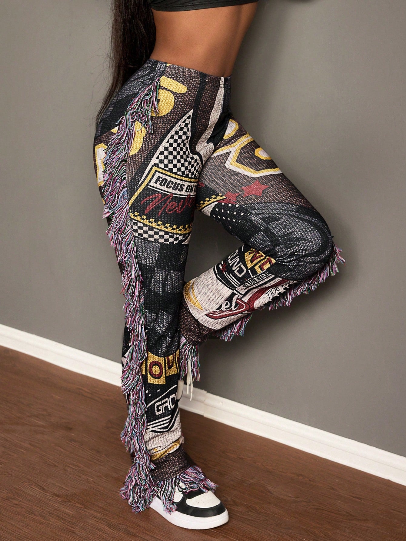 Slayr Autumn And Winter New Casual Street Retro Element Printed Tassel Webbing Decorative Trousers Women's Leggings-A