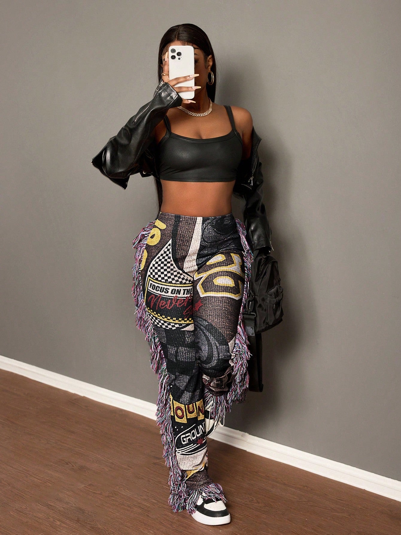 Slayr Autumn And Winter New Casual Street Retro Element Printed Tassel Webbing Decorative Trousers Women's Leggings-A