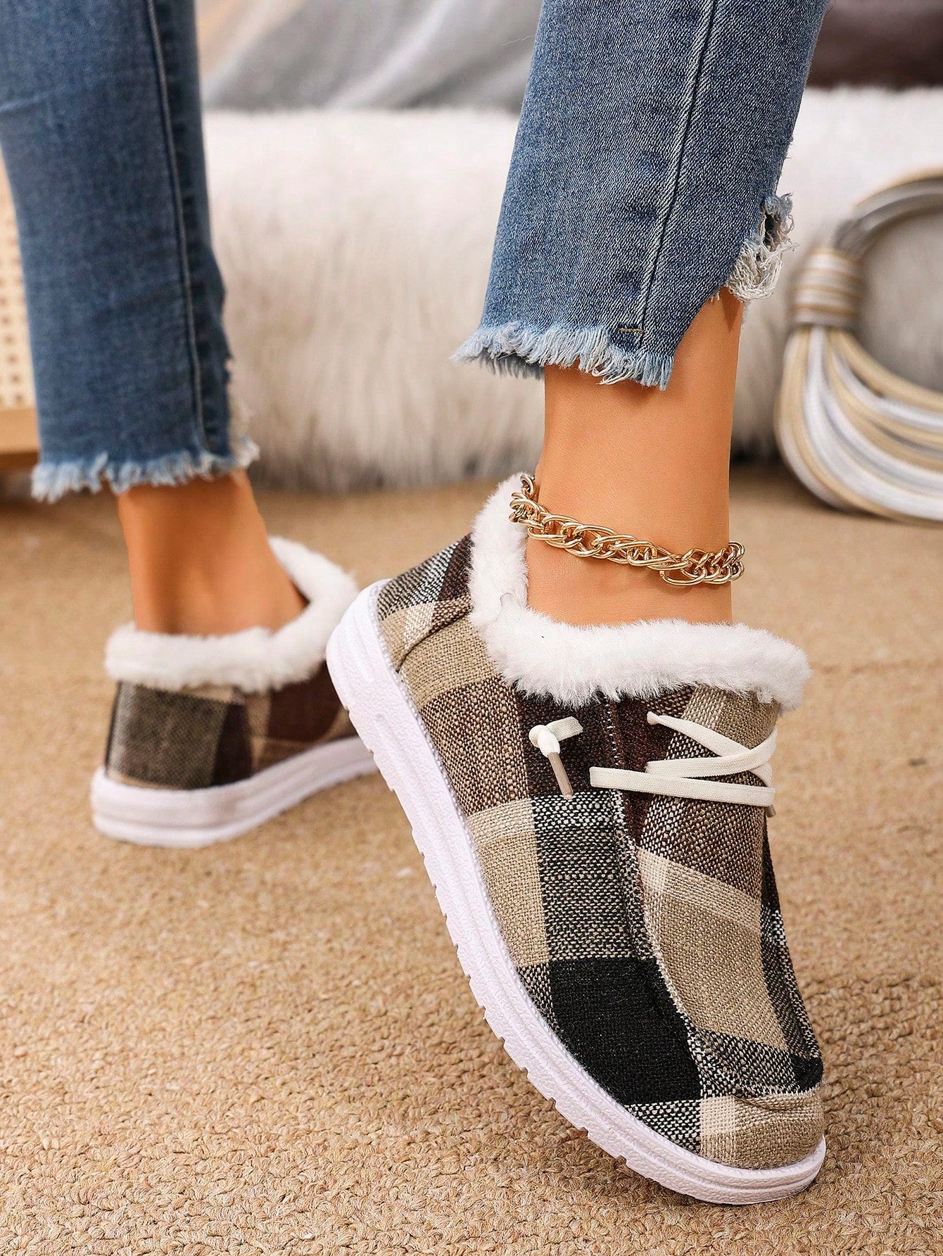 Casual Multi-Color Lightweight Winter Outdoor Sports Shoes, Women's Canvas Material Lace-Up Warm Thermal Lined Flat Leisure Sneakers