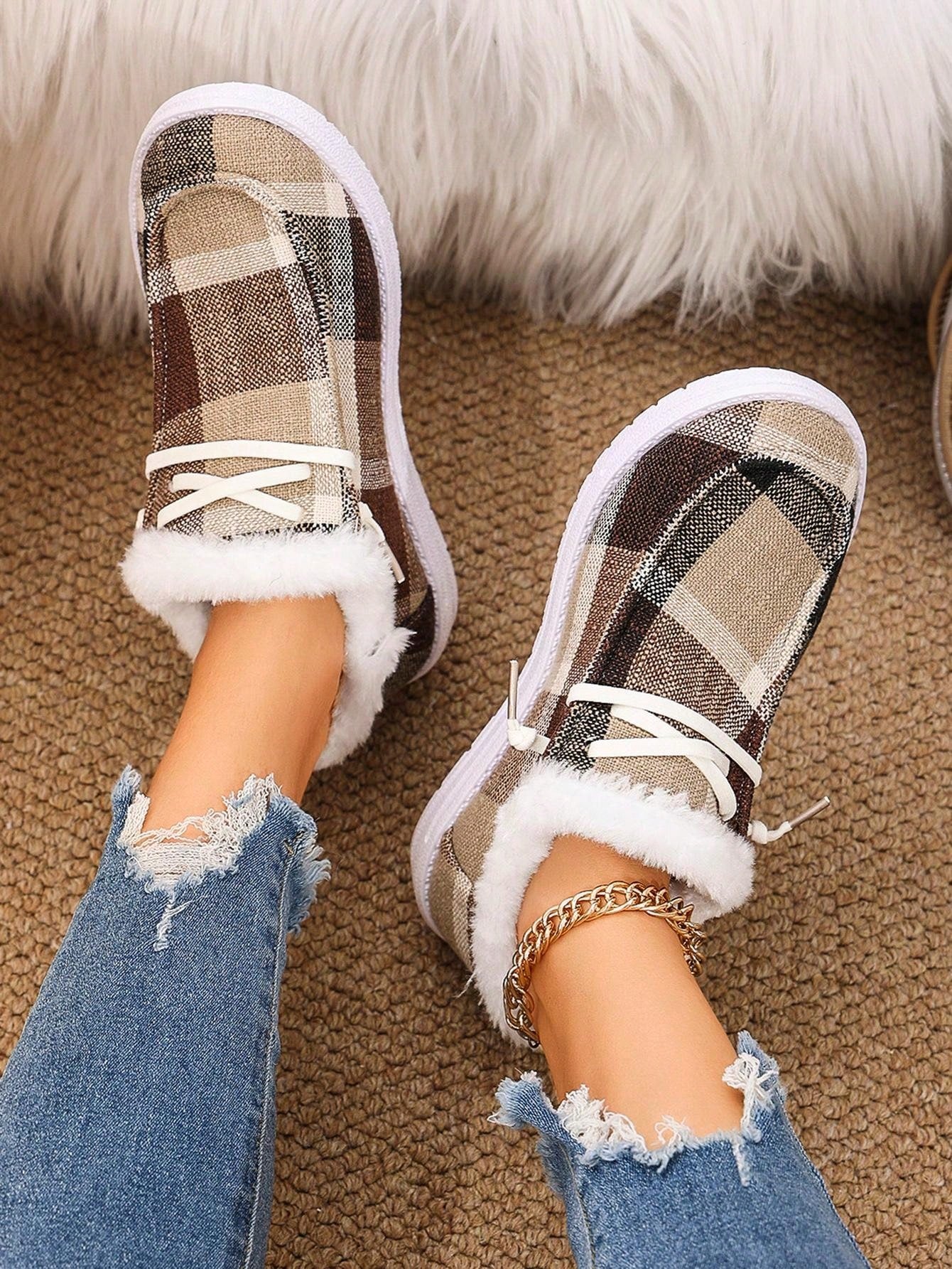 Casual Multi-Color Lightweight Winter Outdoor Sports Shoes, Women's Canvas Material Lace-Up Warm Thermal Lined Flat Leisure Sneakers