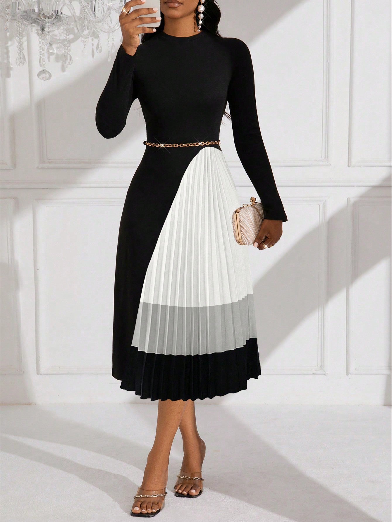 Lyxana Pleated Patchwork Midi Knit Dress For Women Maxi Women Outfit