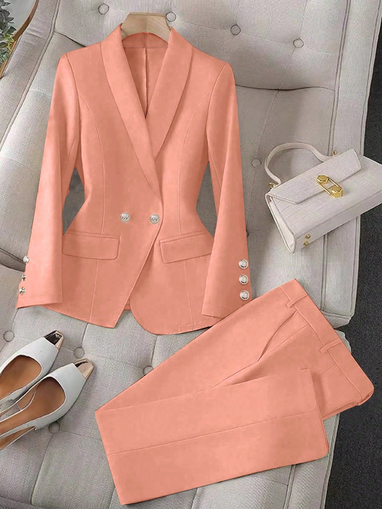 Raffinéa Apricot Color Long Sleeve Lapel Women's Suit Jacket And Pants Set