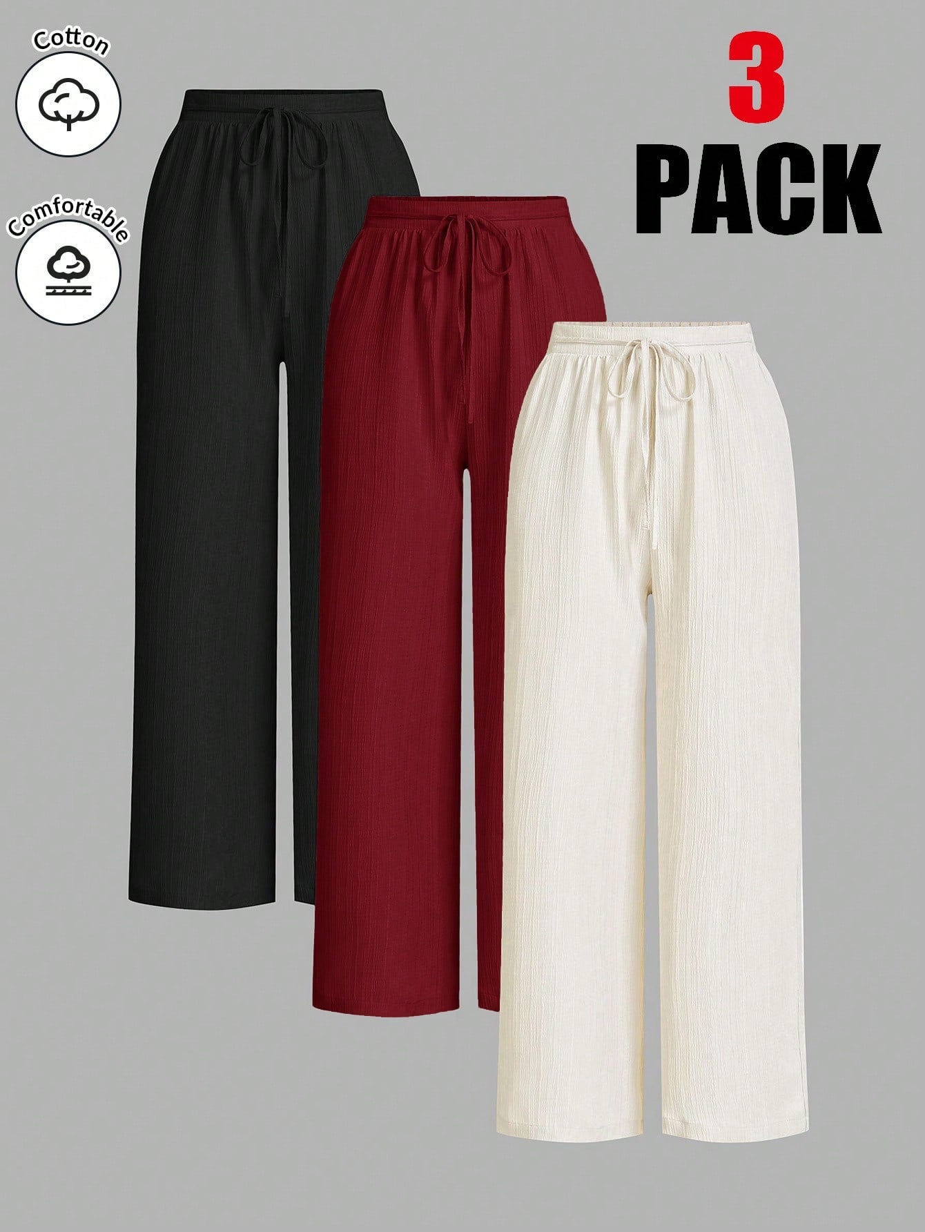 Essnce Women Solid Color Waist Tie Loose Casual 3-Piece Set, Wide Leg Pants