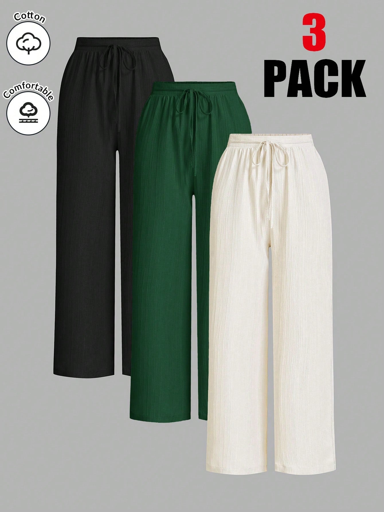 Essnce Women Solid Color Waist Tie Loose Casual 3-Piece Set, Wide Leg Pants
