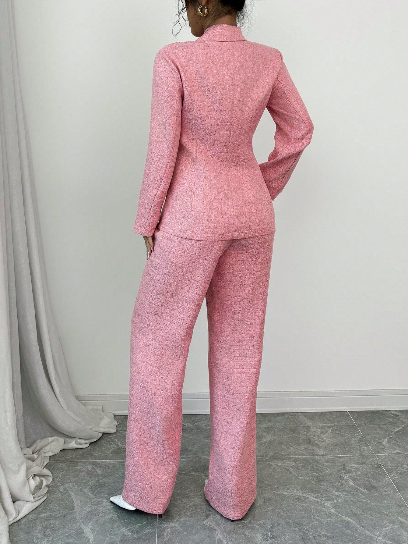 Elenzga Women's Elegant Pink Blazer Jacket With Matching Pants, 2pcs Suit Set For Office, Business, Party, Date