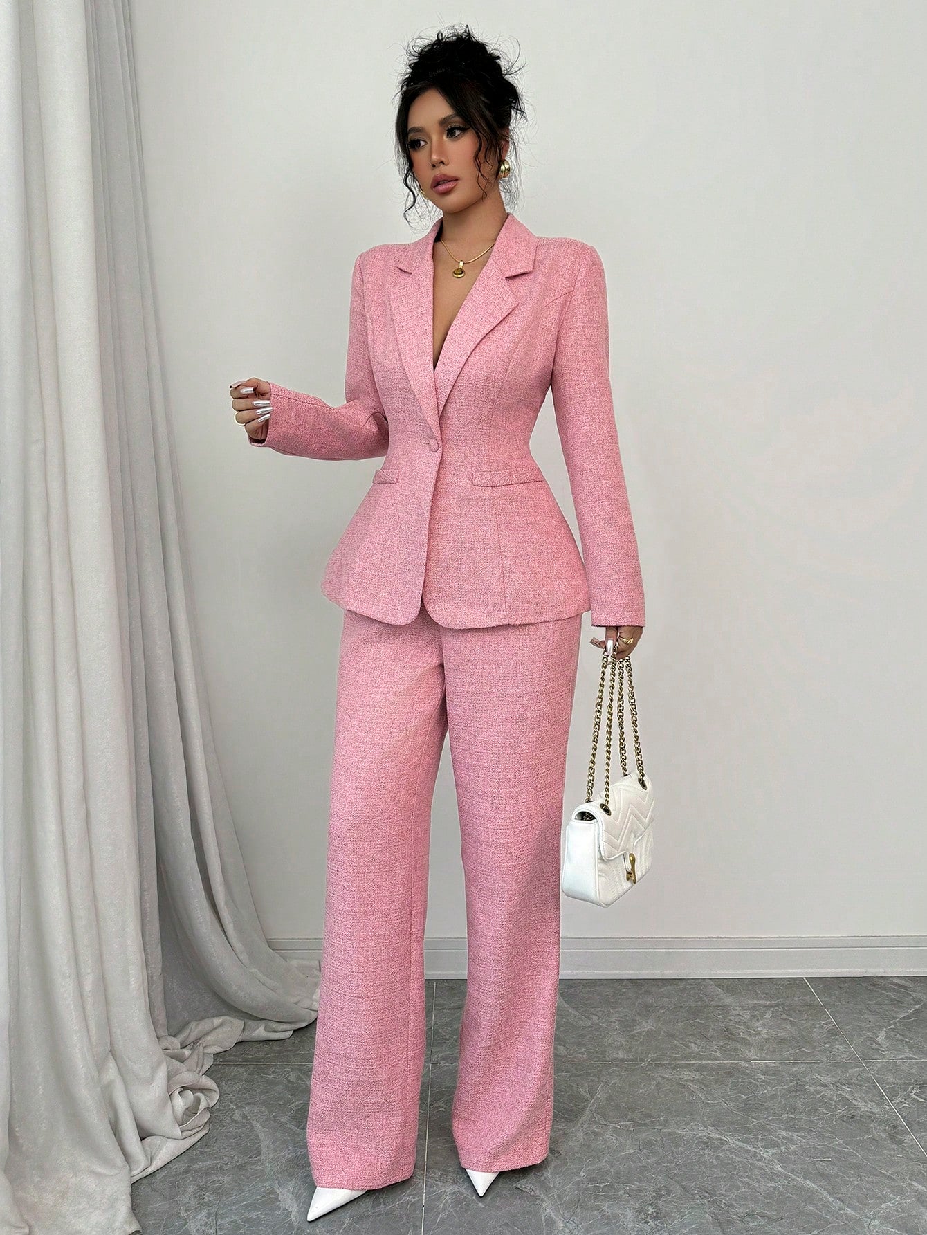 Elenzga Women's Elegant Pink Blazer Jacket With Matching Pants, 2pcs Suit Set For Office, Business, Party, Date