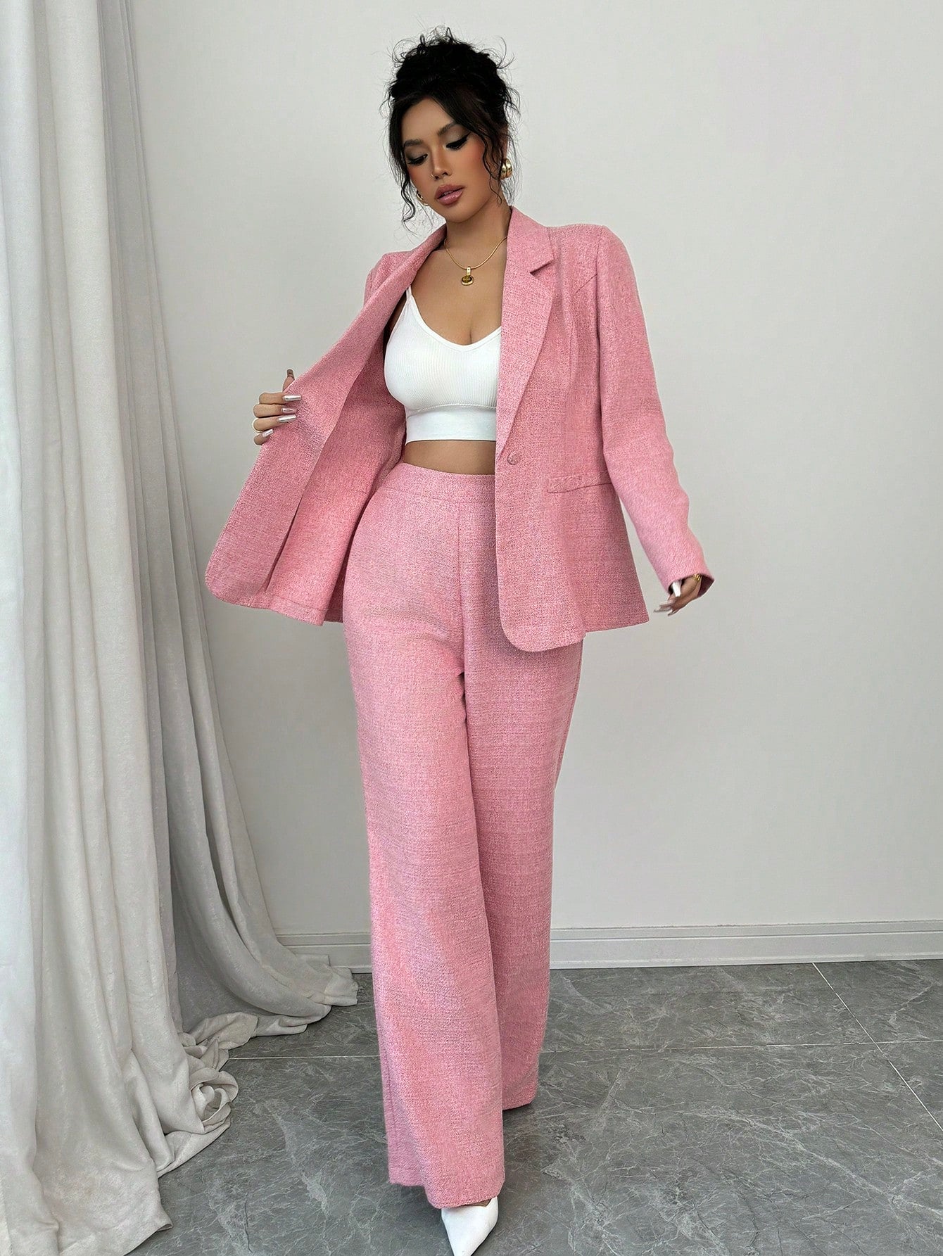 Elenzga Women's Elegant Pink Blazer Jacket With Matching Pants, 2pcs Suit Set For Office, Business, Party, Date