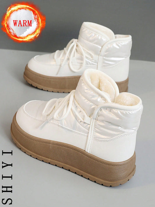 Women's White Casual Sneakers, 2024 Winter New Arrival, Plush Lining Warm Outdoor Thick Sole Fashion Versatile Vacation Style Student Outdoor Hiking Skateboard Flat Chunky Sneakers Snow Boots