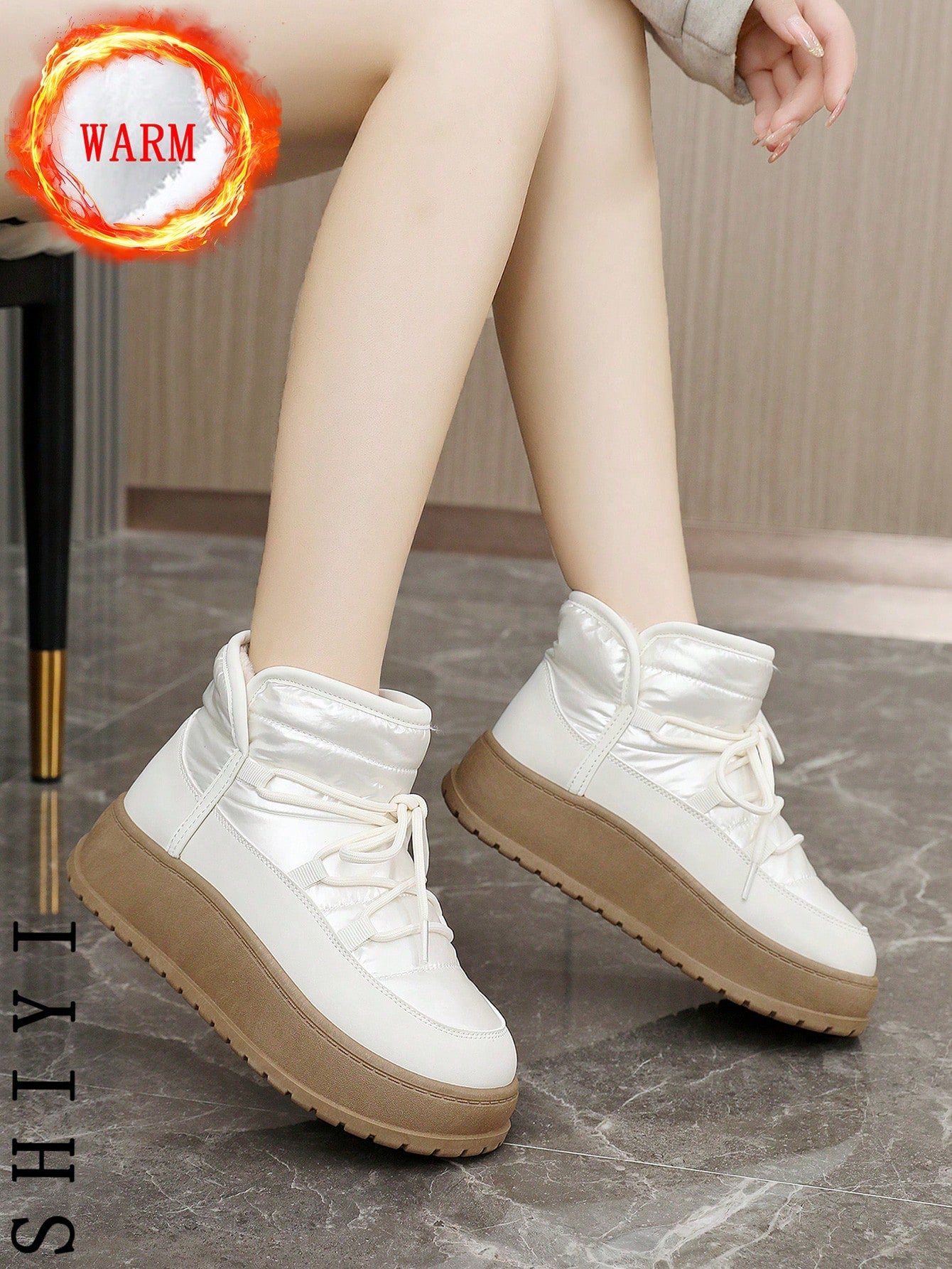 Women's White Casual Sneakers, 2024 Winter New Arrival, Plush Lining Warm Outdoor Thick Sole Fashion Versatile Vacation Style Student Outdoor Hiking Skateboard Flat Chunky Sneakers Snow Boots