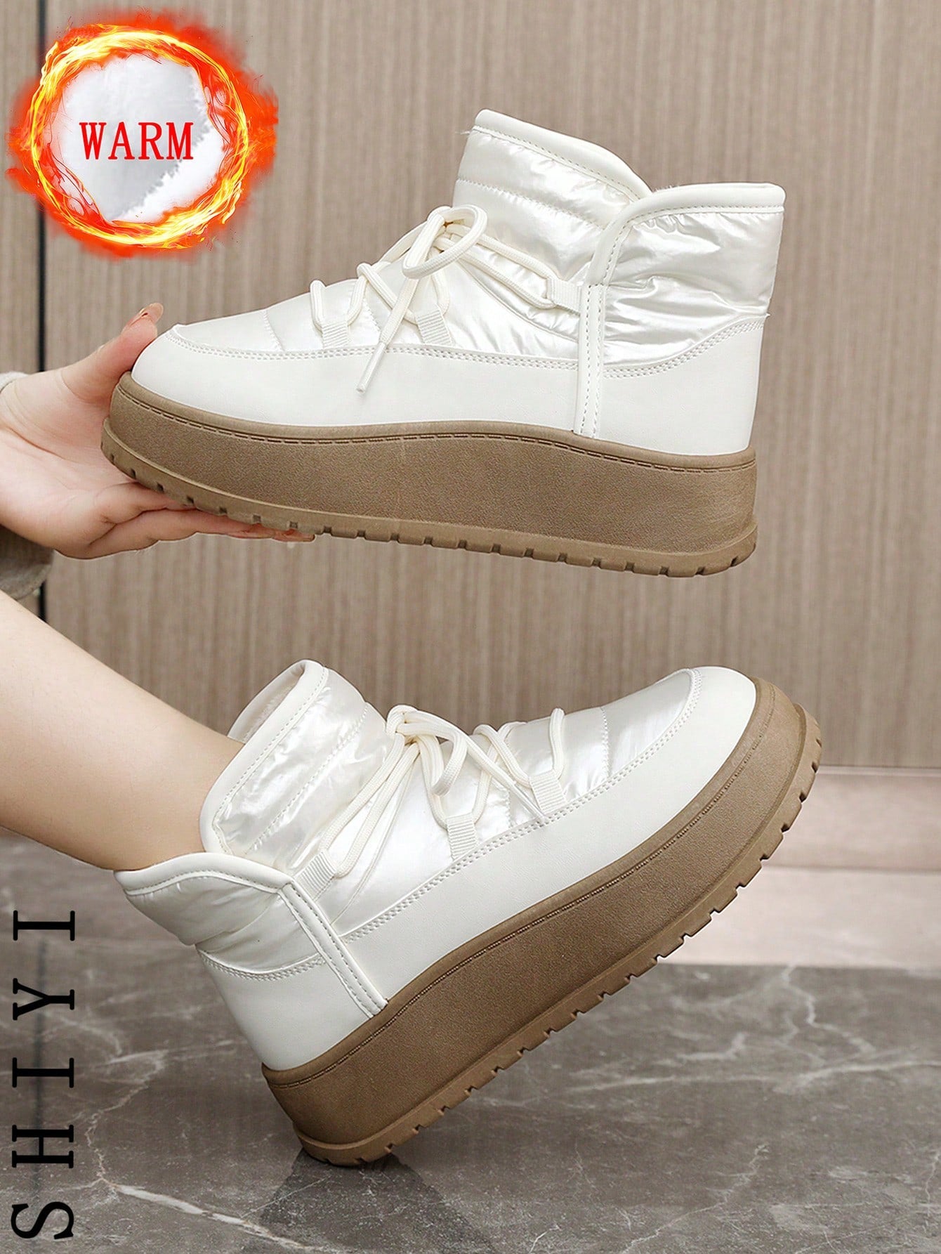 Women's White Casual Sneakers, 2024 Winter New Arrival, Plush Lining Warm Outdoor Thick Sole Fashion Versatile Vacation Style Student Outdoor Hiking Skateboard Flat Chunky Sneakers Snow Boots