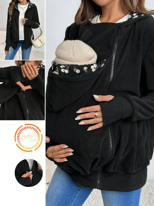 Maternity 3 In 1 Colorblock Trim Kangaroo Hooded Padded Long Sleeve Coat - Black, For Winter