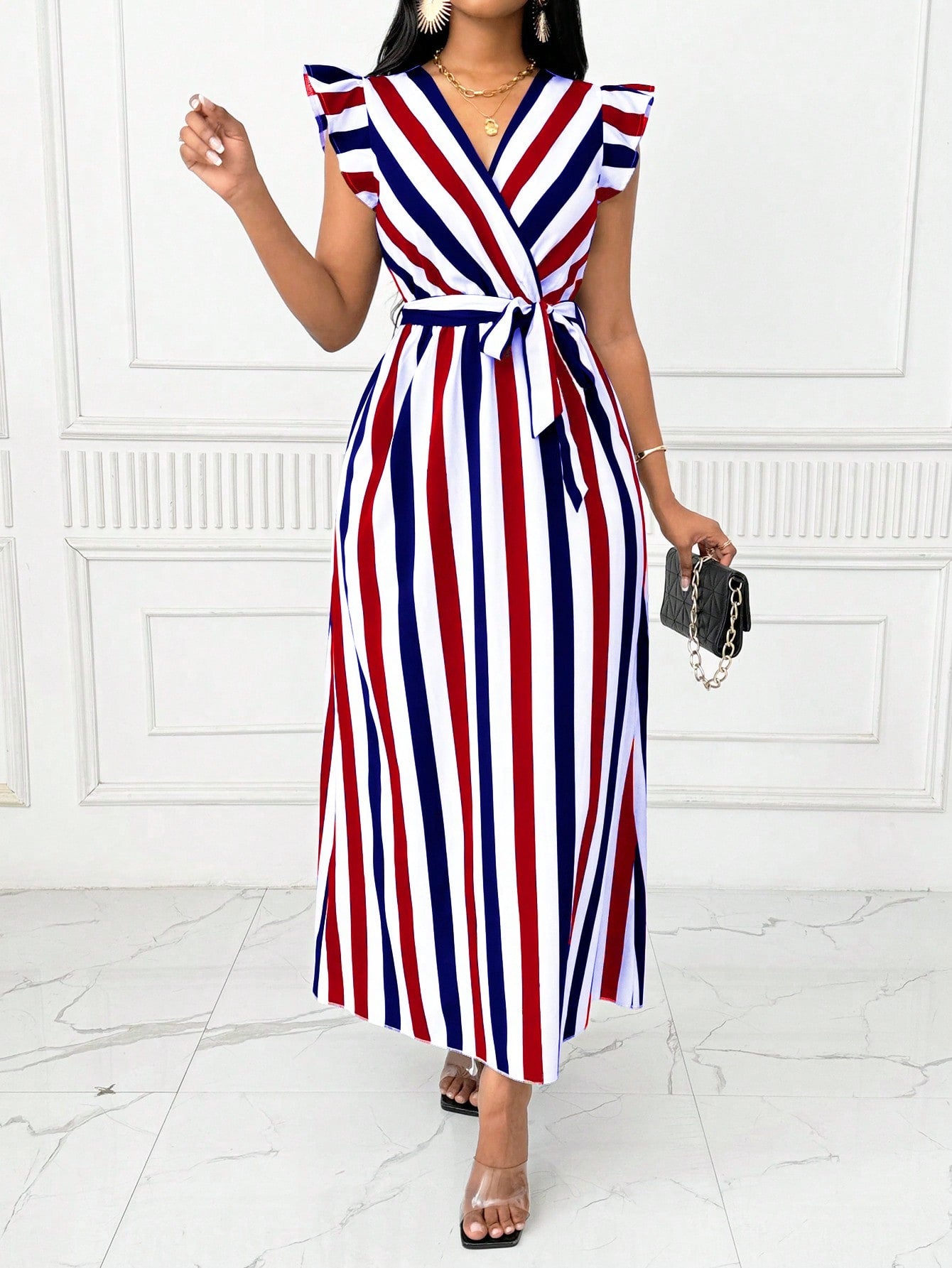 Lyxana Women's V-Neck Cinched Waist Wide Skirt Long Dress With Bow Tie, Black And White Vertical Striped, Long Sleeve Maxi Women Outfit