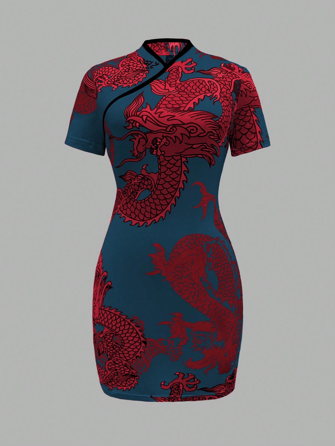 Unity Chinese Dragon Print Random Cut Women Summer Stand Collar Short Sleeve Elegant Dress