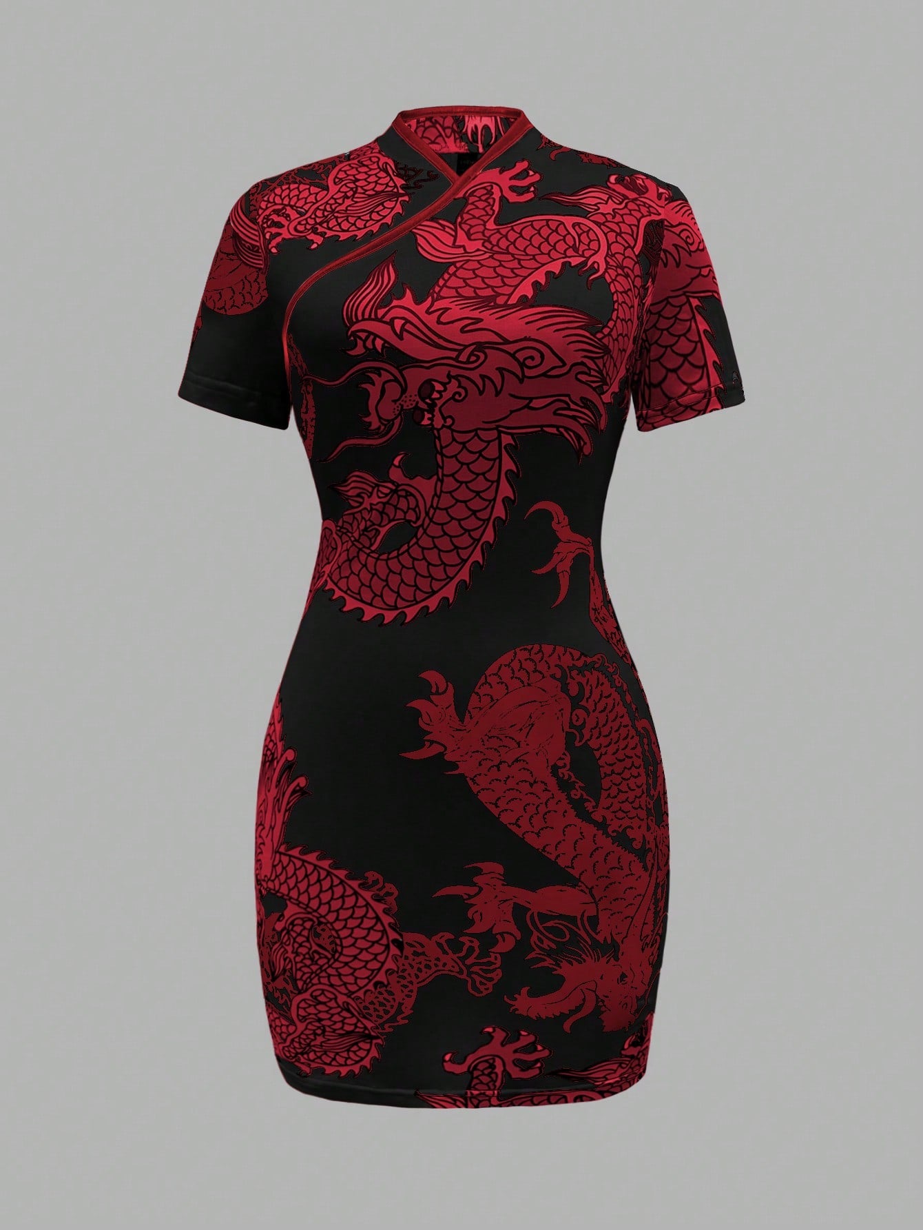 Unity Chinese Dragon Print Random Cut Women Summer Stand Collar Short Sleeve Elegant Dress