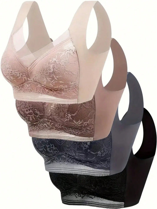 4pcs Women's Plus Size Bra - Anti Sagging, Gathered Ice Silk Seamless - Lace Soft Support All Season Bra Top - Plus Size Halloween Home Sleepwear Bra