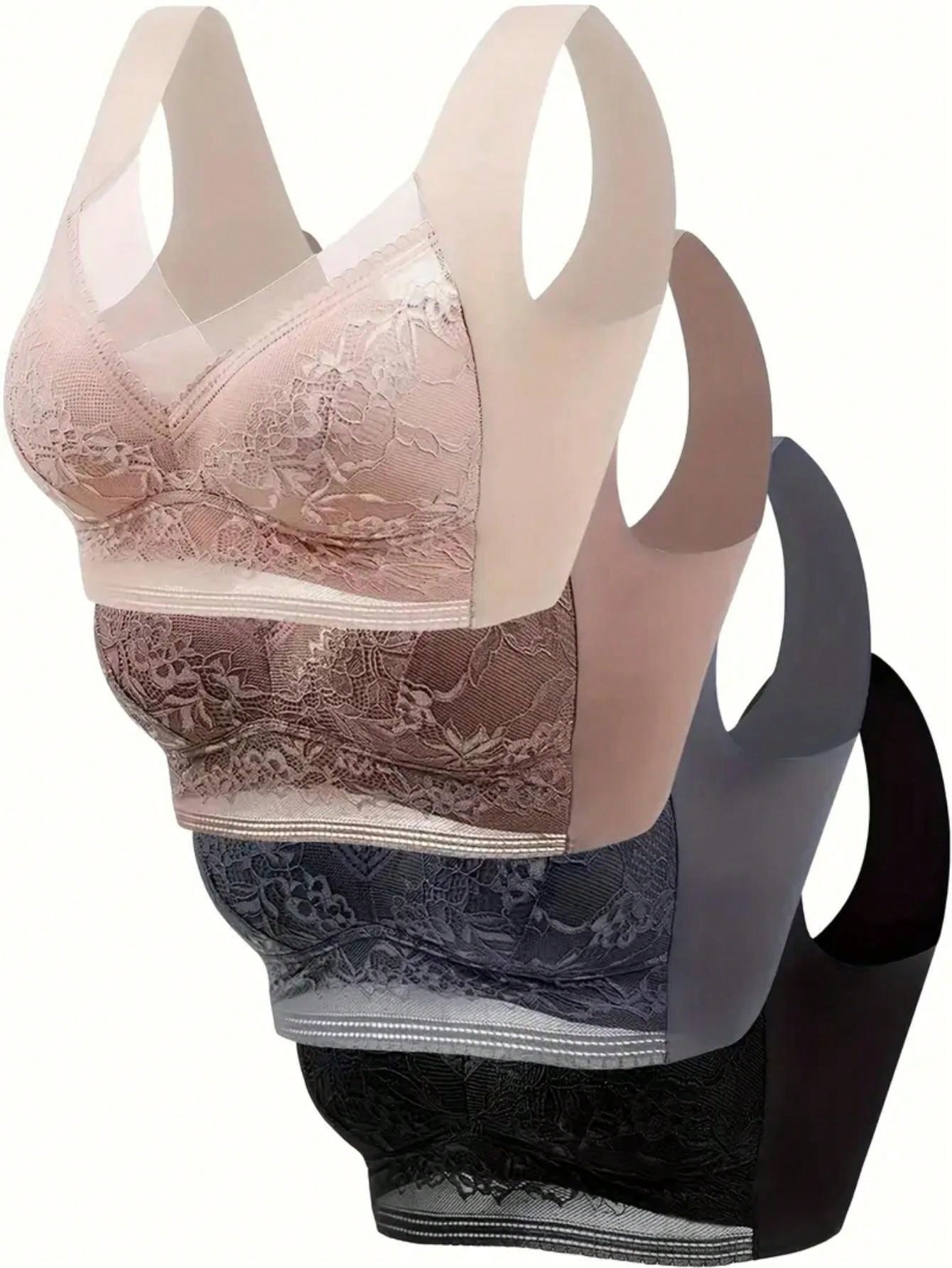 4pcs Women's Plus Size Bra - Anti Sagging, Gathered Ice Silk Seamless - Lace Soft Support All Season Bra Top - Plus Size Halloween Home Sleepwear Bra