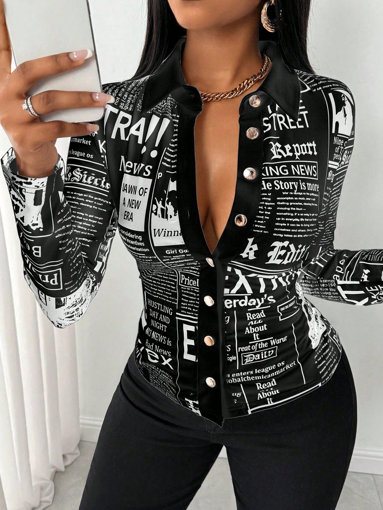 Slayr Women's Autumn Slogan Print Long Sleeve Single Breasted Casual Shirt,Long Sleeve Tops