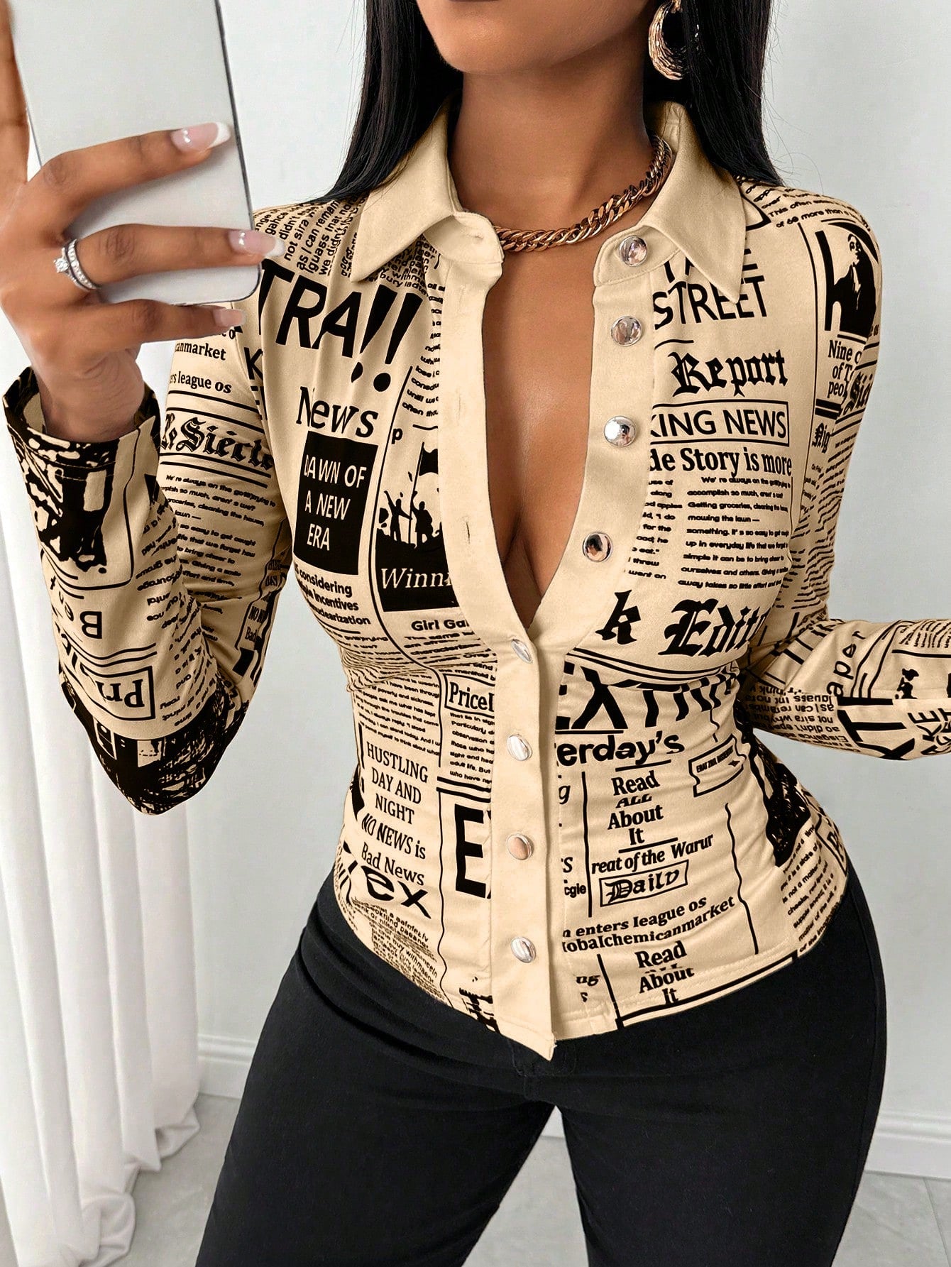 Slayr Women's Autumn Slogan Print Long Sleeve Single Breasted Casual Shirt,Long Sleeve Tops