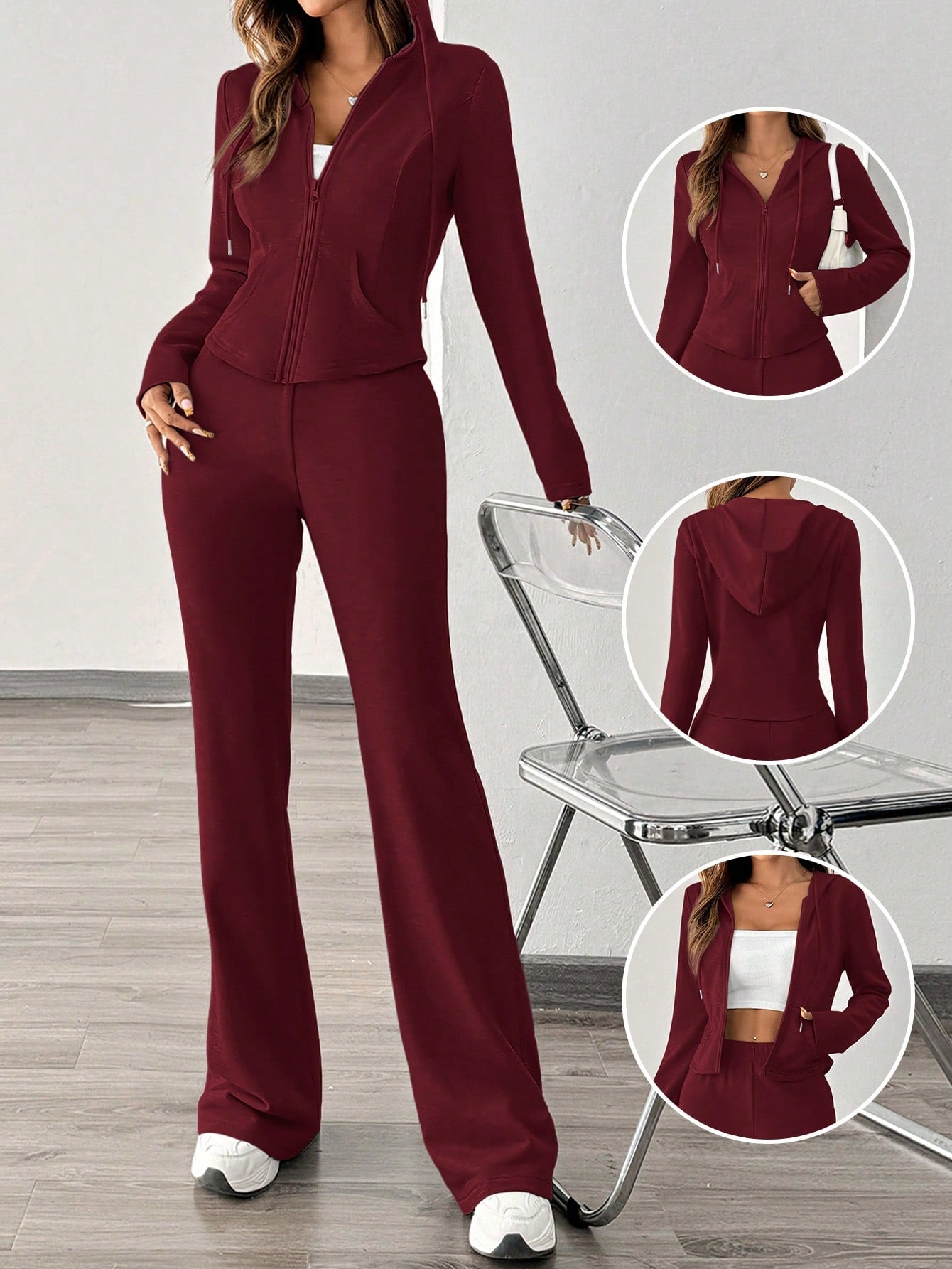 Essnce 2pcs Women Fashion Casual Sports Sweatsuit, Hoodie Jacket And Wide Leg Pants, Autumn