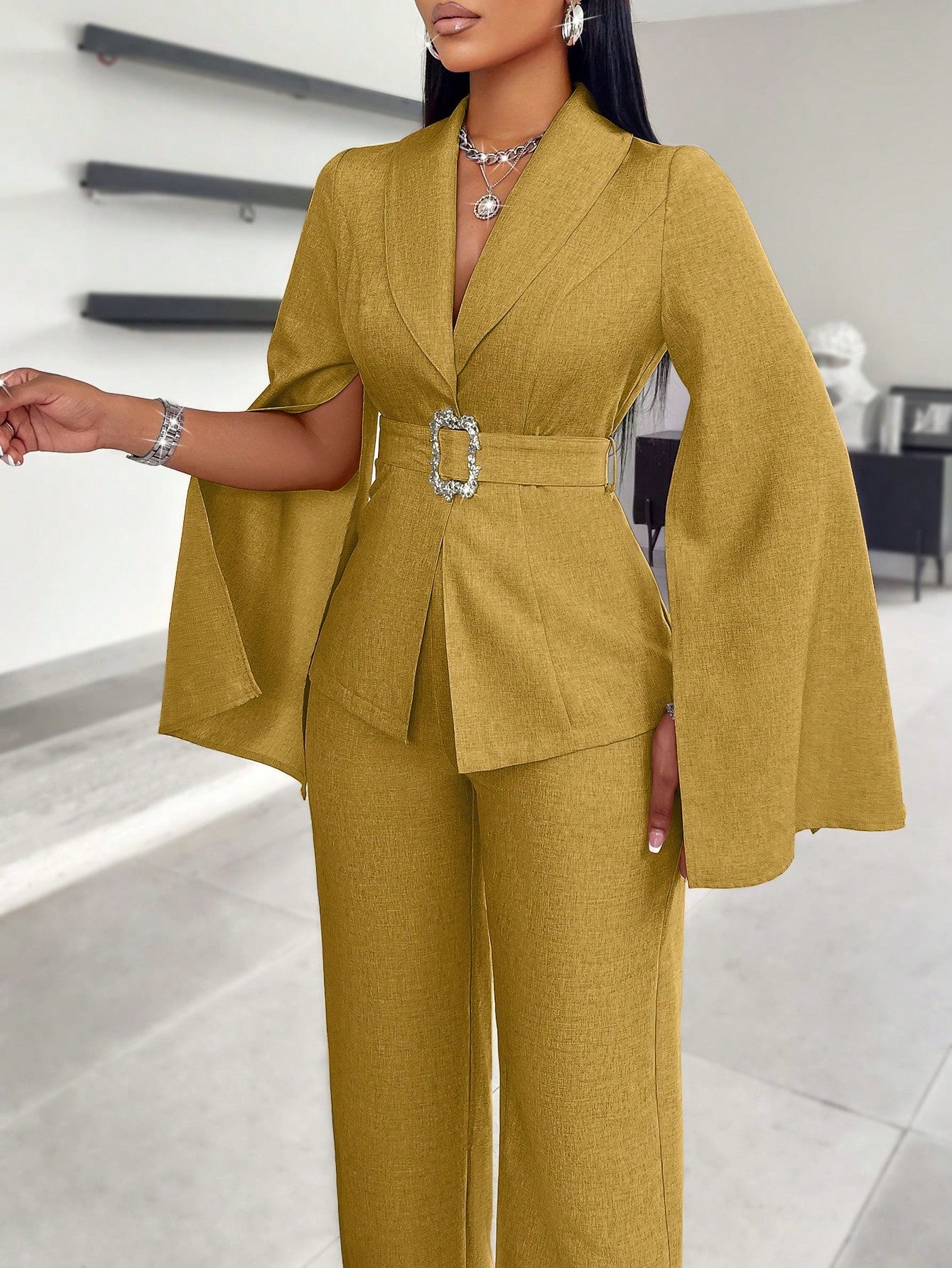 SOLERSUN Glossy Satin Suit Jacket, Women's Suit Set, Business Commuter Suit. Spring And Autumn Season Suits, Autumn And Winter Cape Sleeves, Elegant, Outdoor Clothing