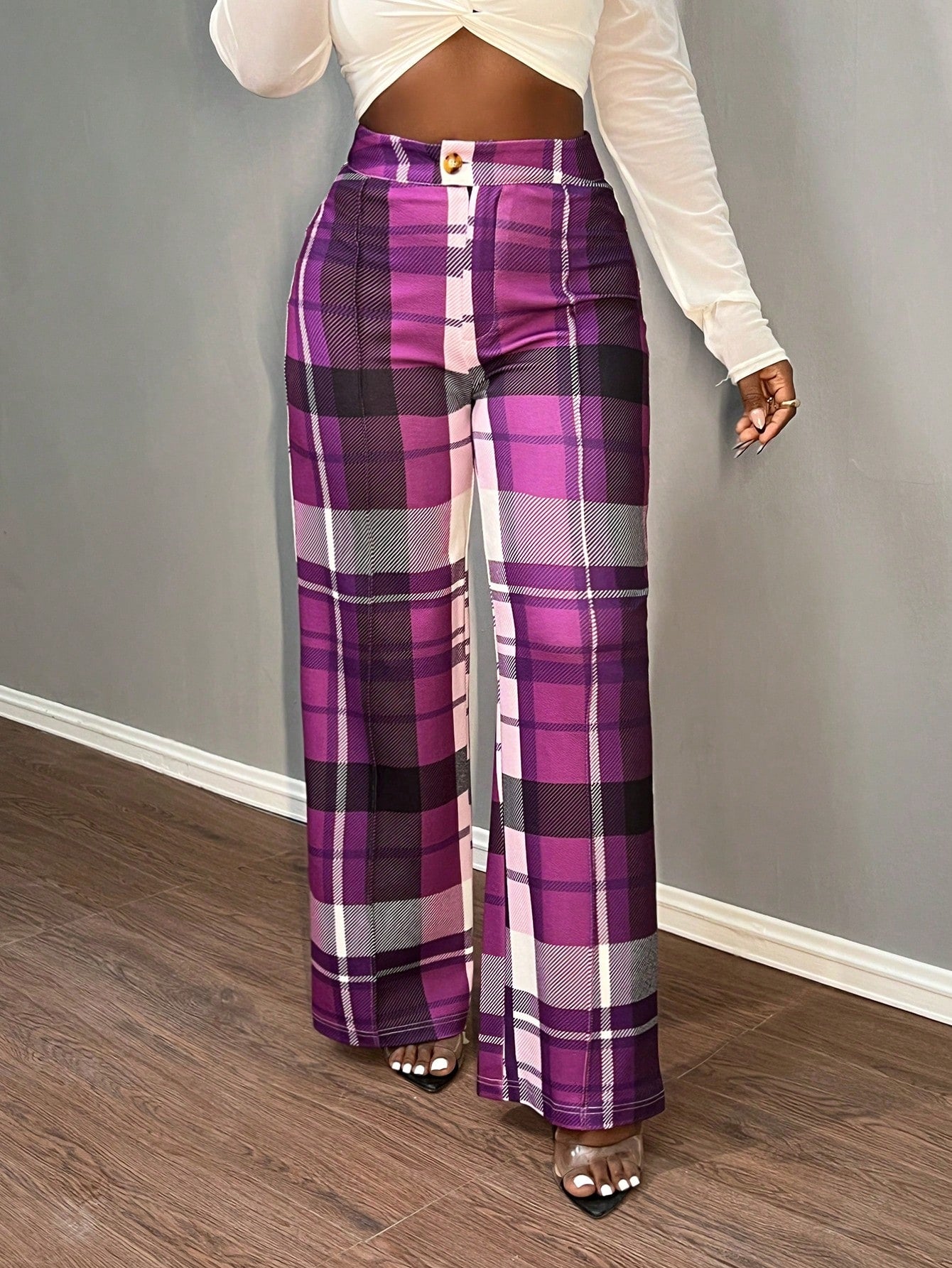 Slayr Women's High Waist Plaid Straight Leg Loose Casual Office Pants