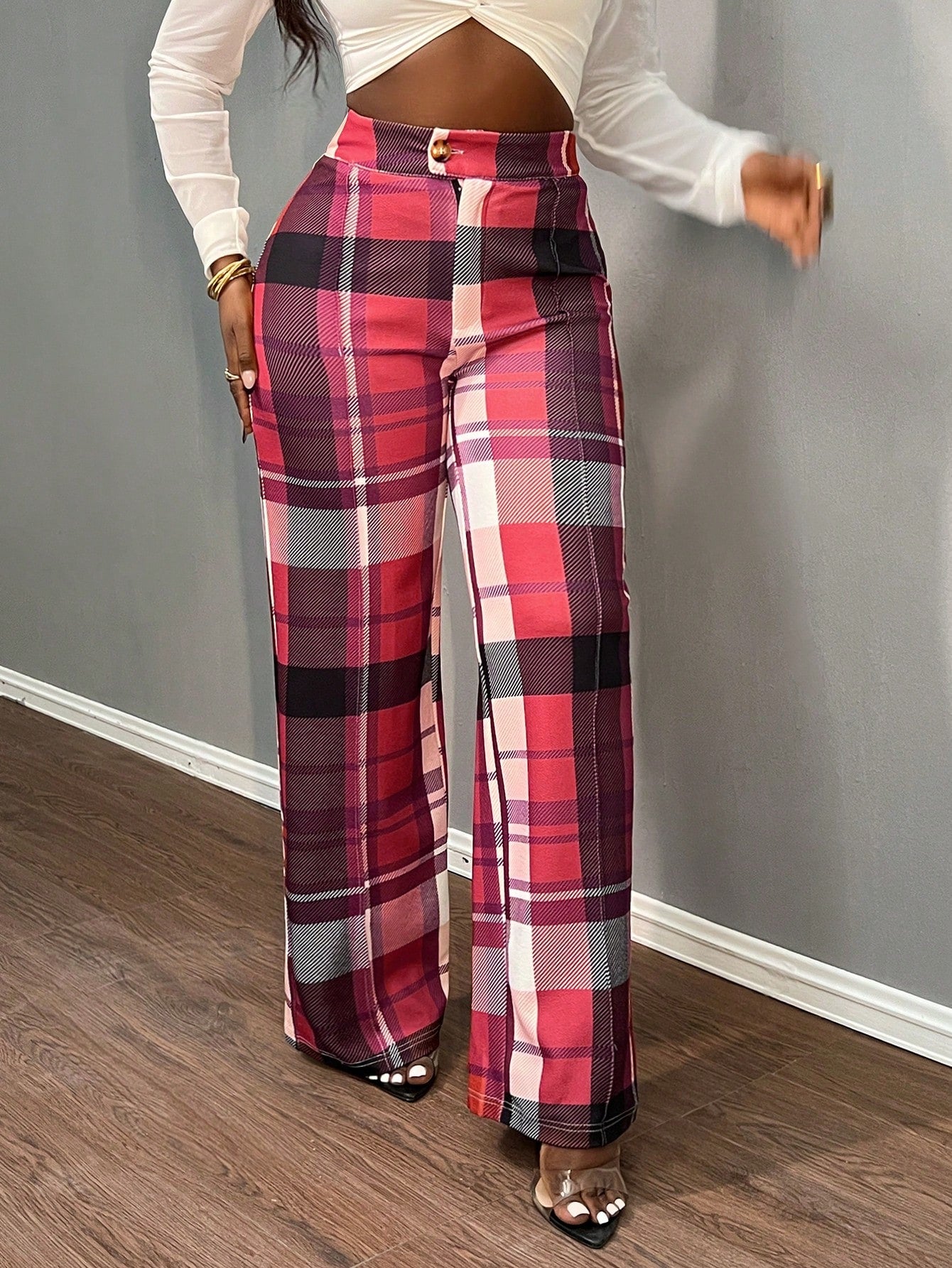 Slayr Women's High Waist Plaid Straight Leg Loose Casual Office Pants