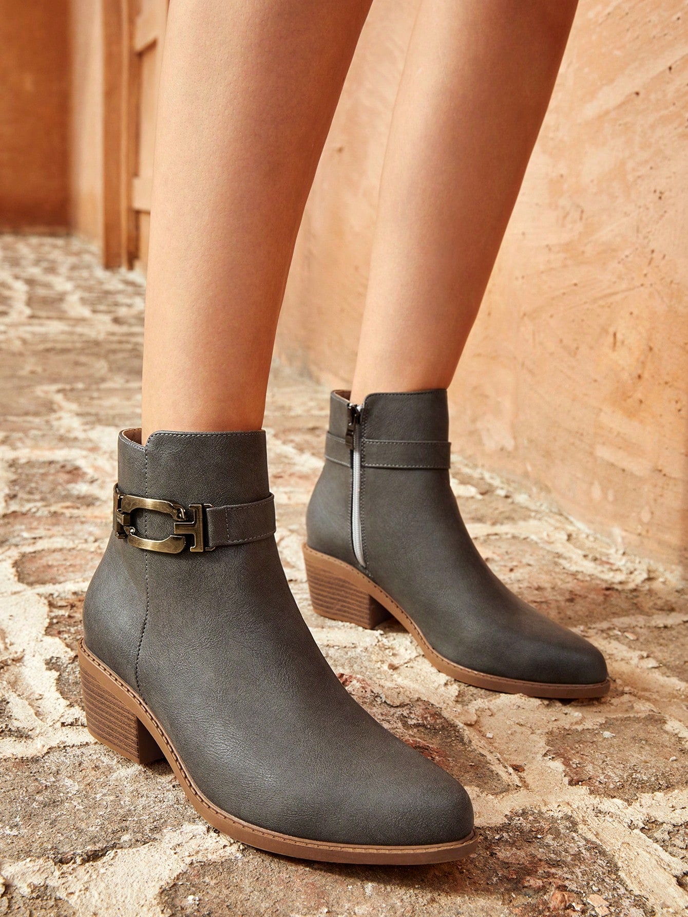 Styleloop Women's Fashionable Western Embroidered Chunky Heel Ankle Boots In Apricot, Fall Shoes For Christmas And New Year Holiday