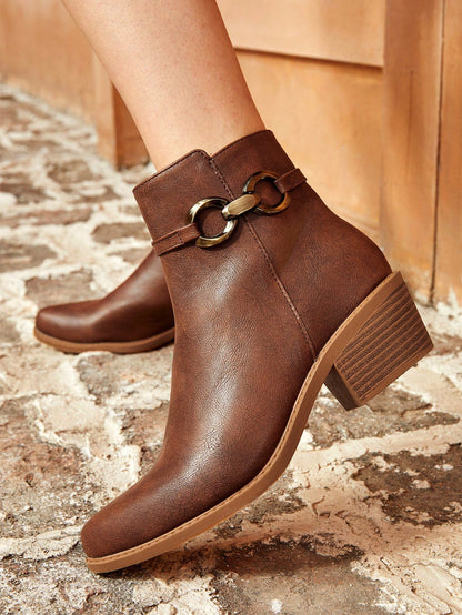 Styleloop Women's Fashionable Western Embroidered Chunky Heel Ankle Boots In Apricot, Fall Shoes For Christmas And New Year Holiday