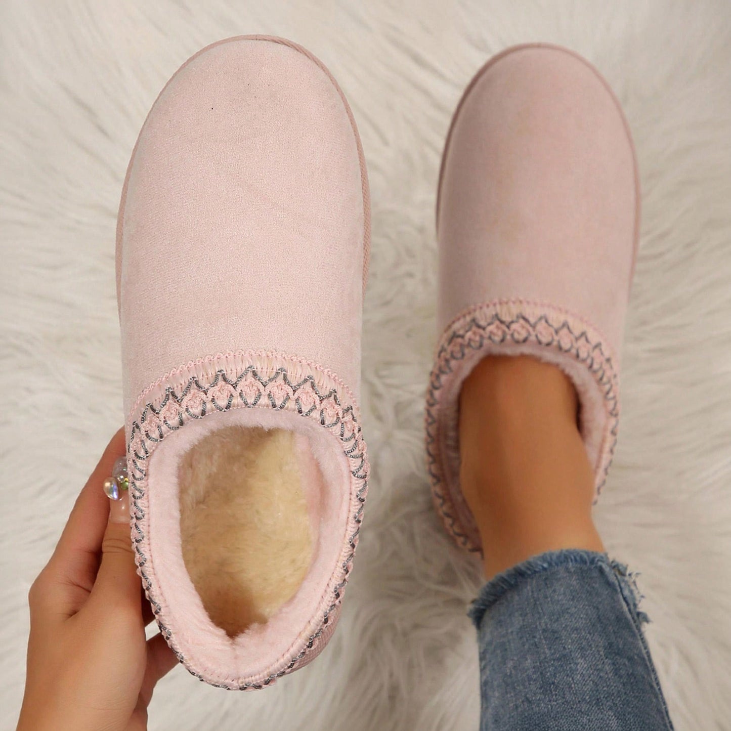 Merking Women's Winter Slippers, Platform Snow Boots, Thickened Flat Boots, Fur Lining, Warm Shoes, Outdoor Non Slip Boots