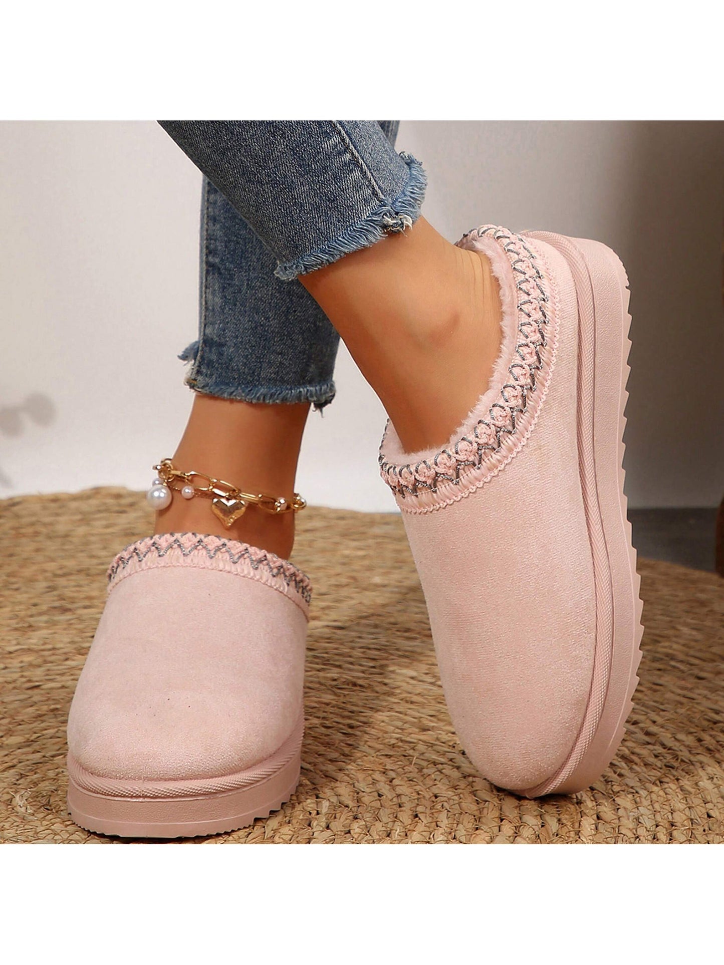 Merking Women's Winter Slippers, Platform Snow Boots, Thickened Flat Boots, Fur Lining, Warm Shoes, Outdoor Non Slip Boots