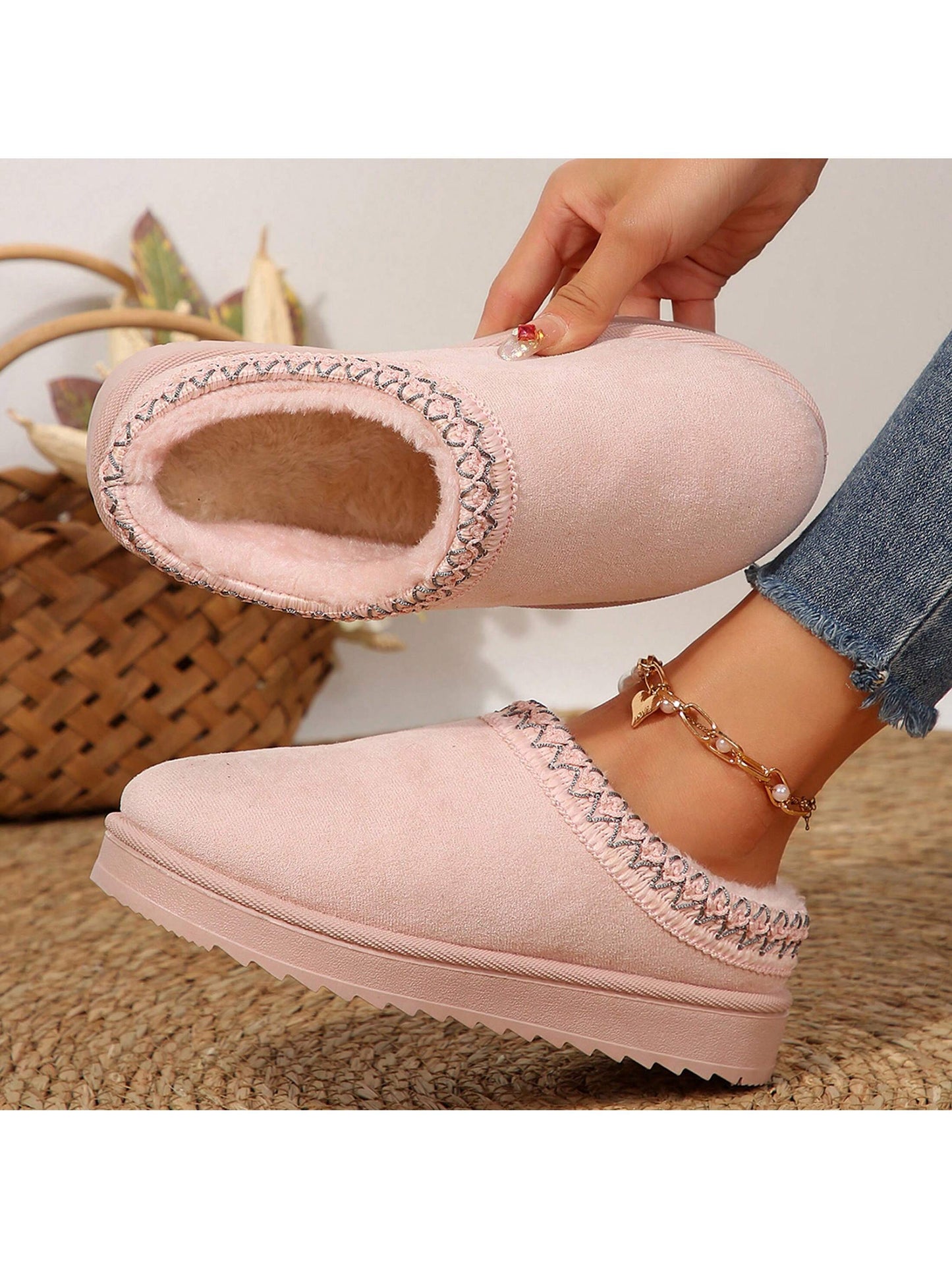 Merking Women's Winter Slippers, Platform Snow Boots, Thickened Flat Boots, Fur Lining, Warm Shoes, Outdoor Non Slip Boots