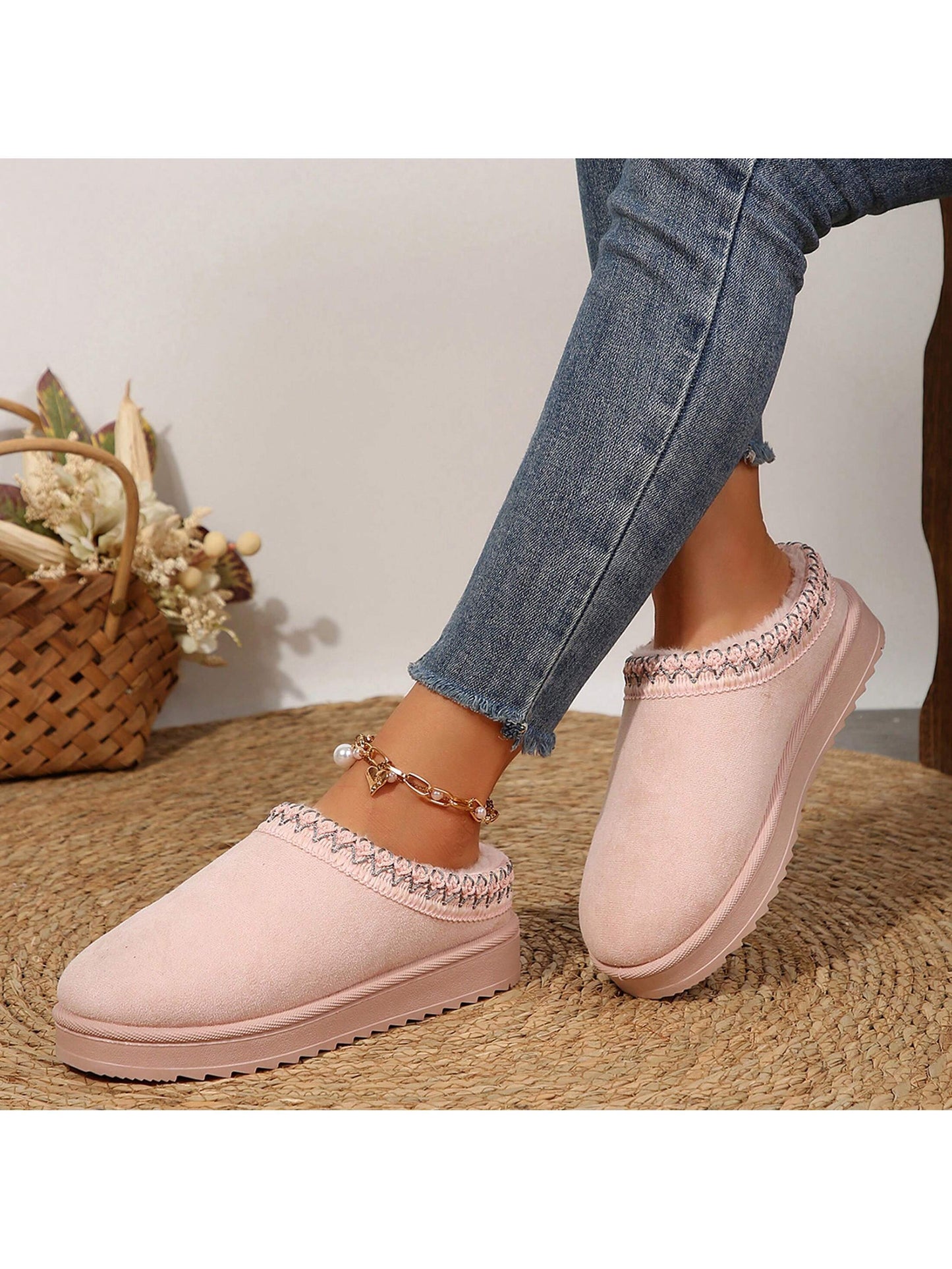 Merking Women's Winter Slippers, Platform Snow Boots, Thickened Flat Boots, Fur Lining, Warm Shoes, Outdoor Non Slip Boots