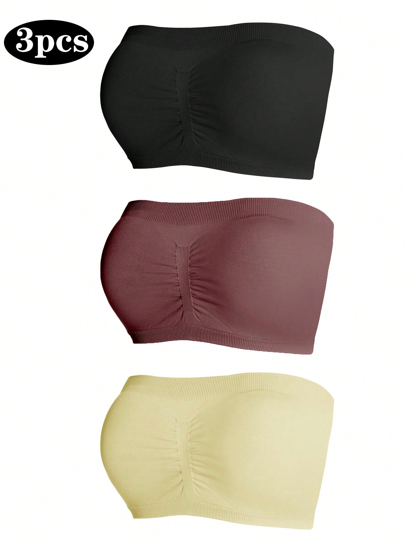 Underwear&Sleepwear Basics 3pcs Solid Ruched Tube Bra