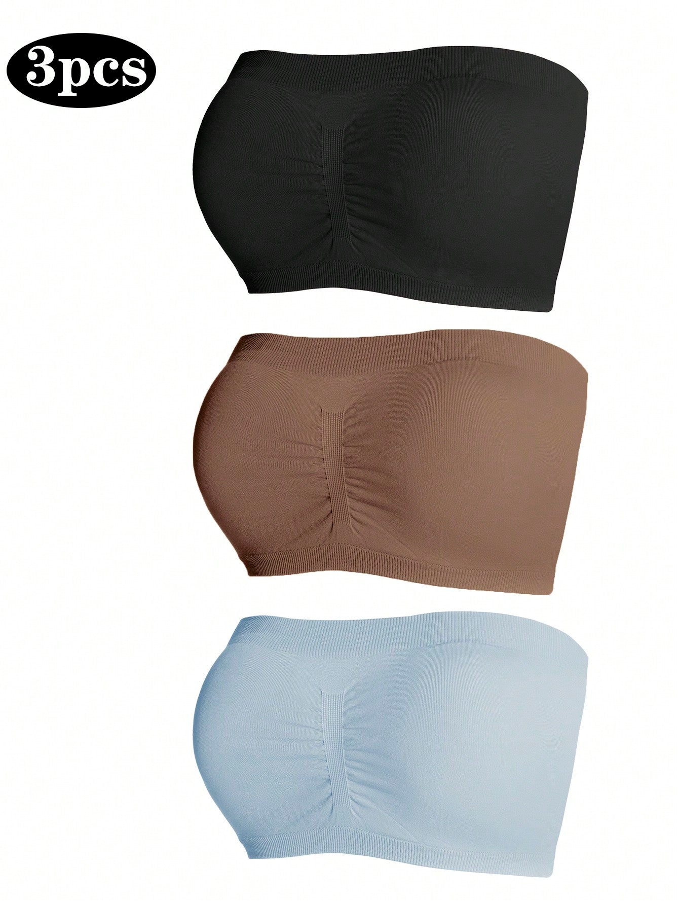 Underwear&Sleepwear Basics 3pcs Solid Ruched Tube Bra