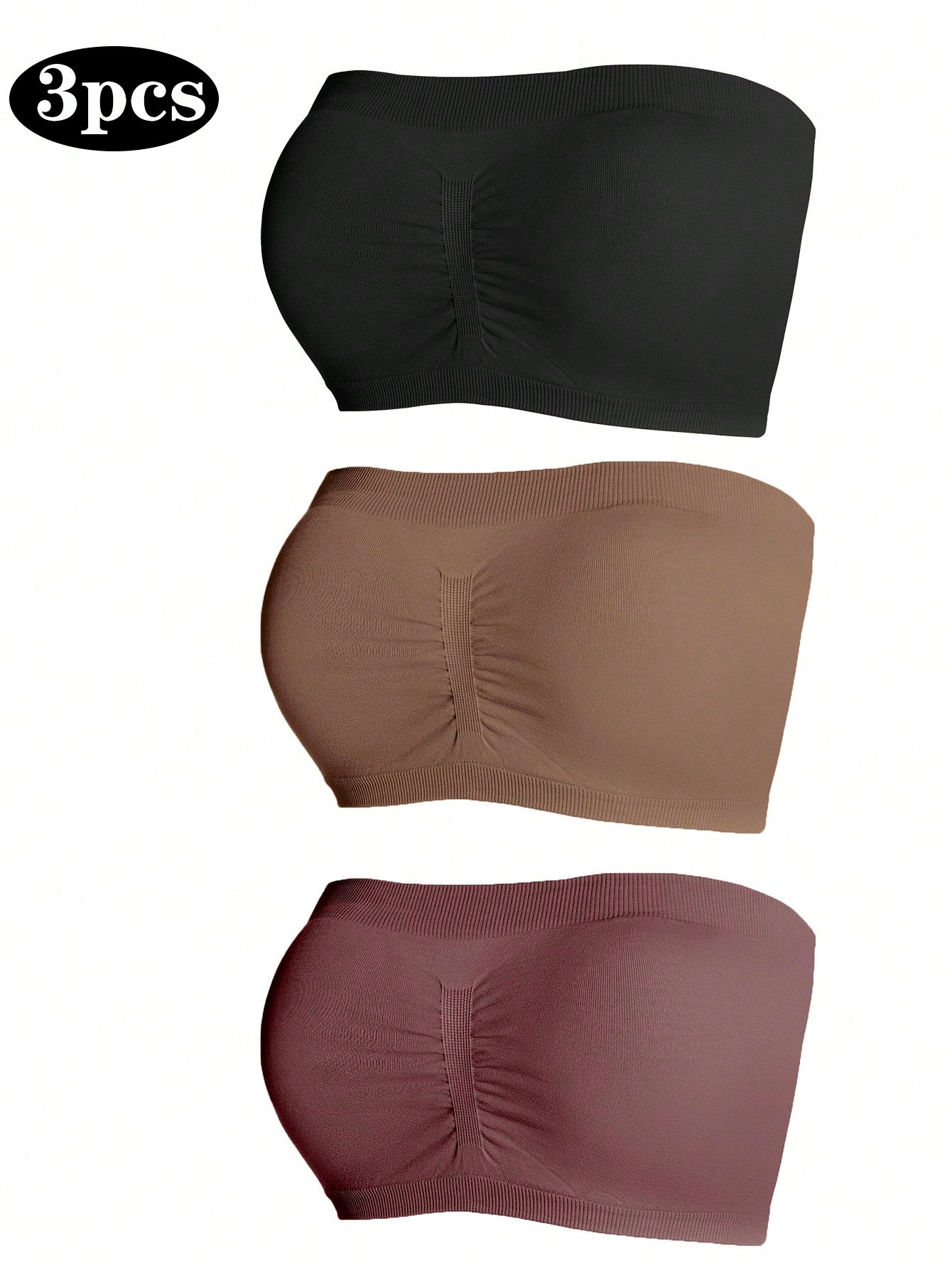 Underwear&Sleepwear Basics 3pcs Solid Ruched Tube Bra