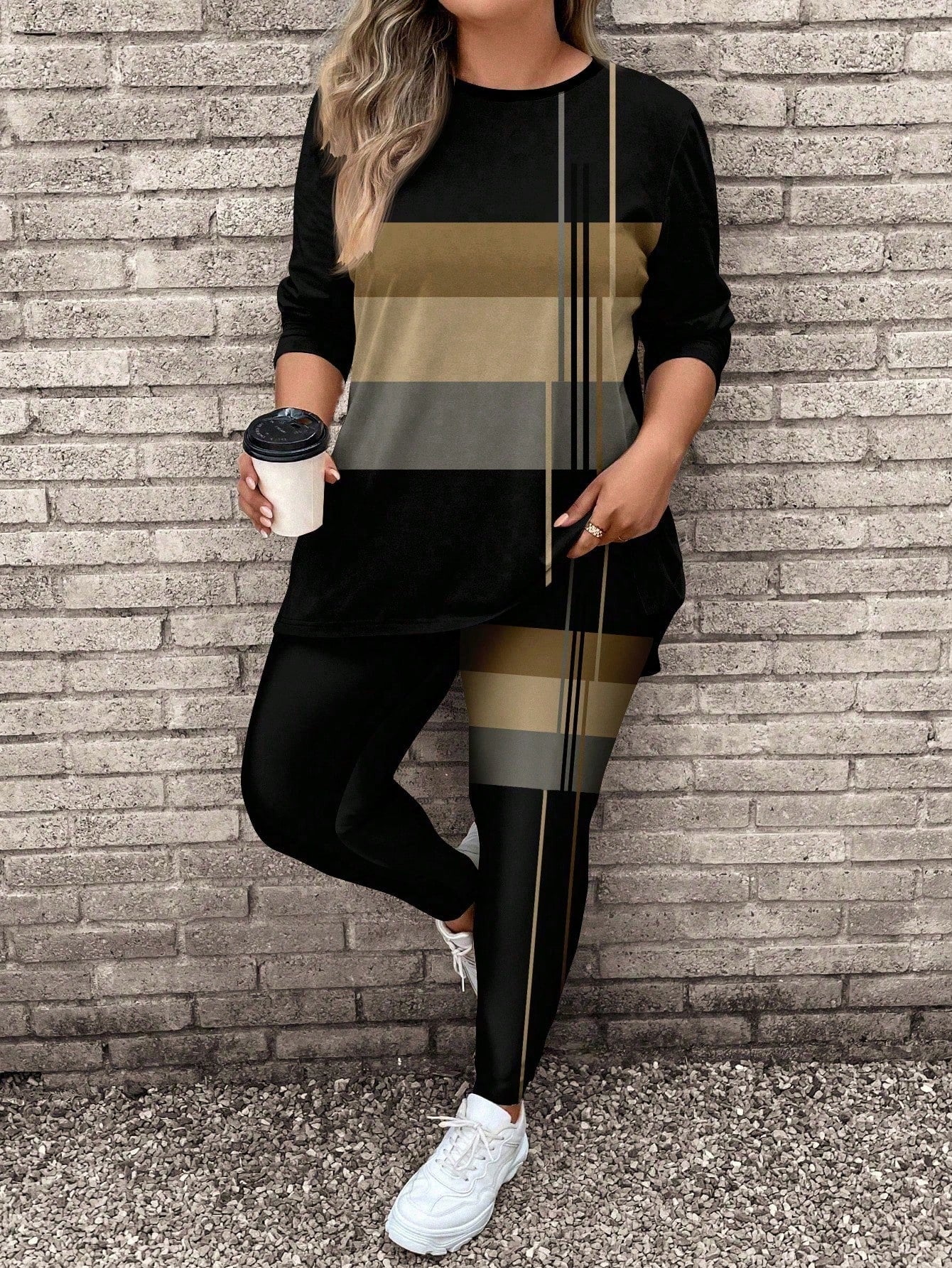 LUNE 2pcs/Set Plus Size Women Casual Long Sleeve T-Shirt And Yoga Pants, Suitable For Autumn/Winter
