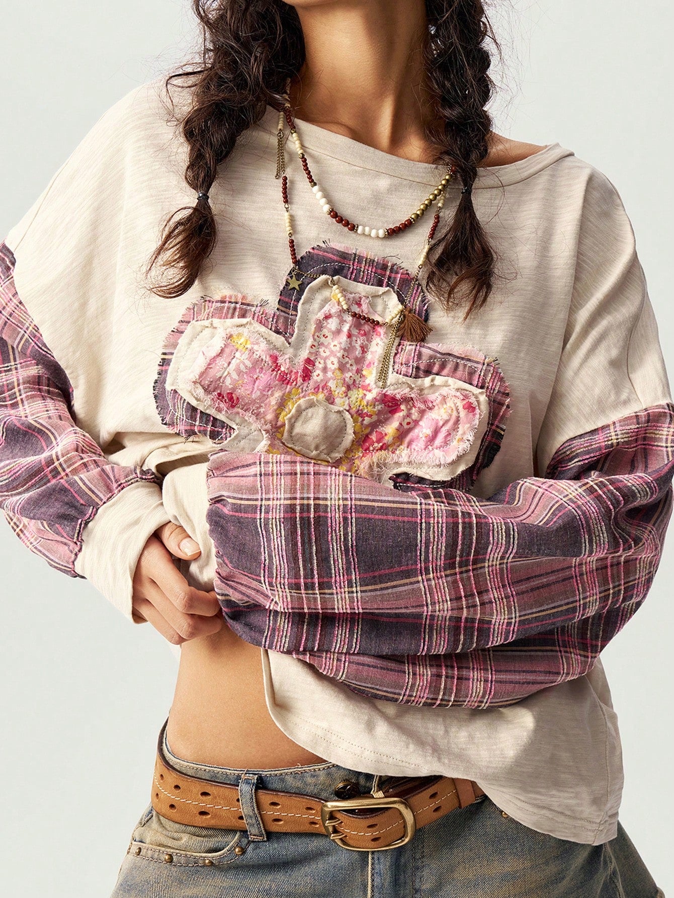 Bohemela Casual Knit Patchwork Round Neck Drop Shoulder Long Sleeve Loose Women Tops