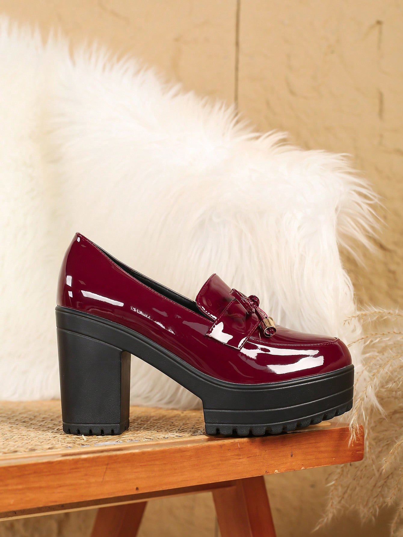 Women's Bow Decor Chunky Heeled Slip-On Loafers, Dressy Patent Leather Work Pumps, Mid-Heel Square Toe Oxfords