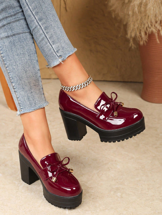 Women's Bow Decor Chunky Heeled Slip-On Loafers, Dressy Patent Leather Work Pumps, Mid-Heel Square Toe Oxfords
