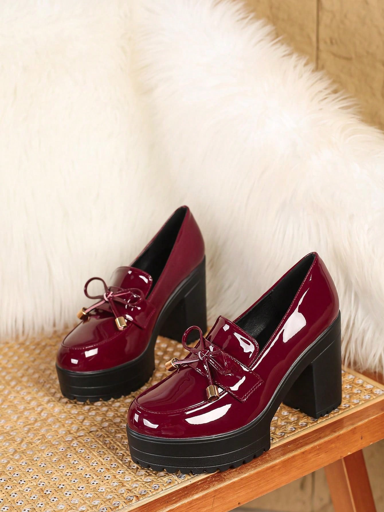 Women's Bow Decor Chunky Heeled Slip-On Loafers, Dressy Patent Leather Work Pumps, Mid-Heel Square Toe Oxfords