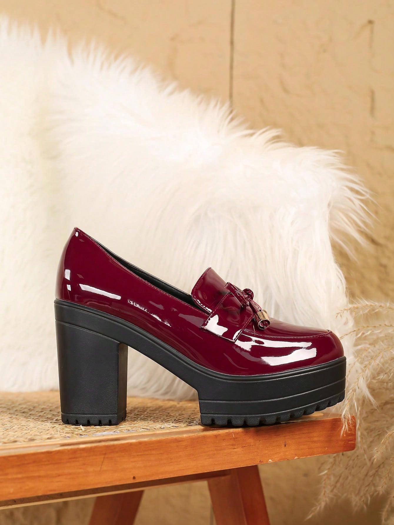 Women's Bow Decor Chunky Heeled Slip-On Loafers, Dressy Patent Leather Work Pumps, Mid-Heel Square Toe Oxfords