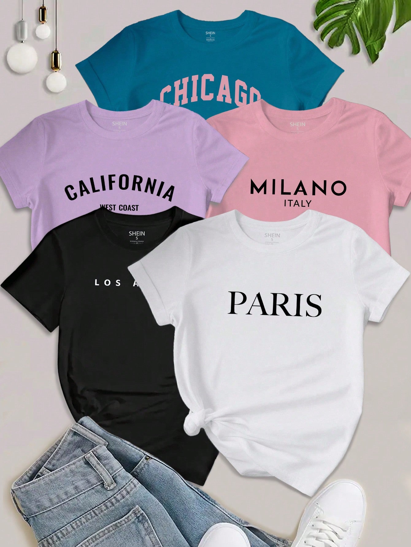 EZwear 5PCS Women's Slogan Letter Printed T-Shirt Short Sleeved Casual Top Graphic Tees Women Tops