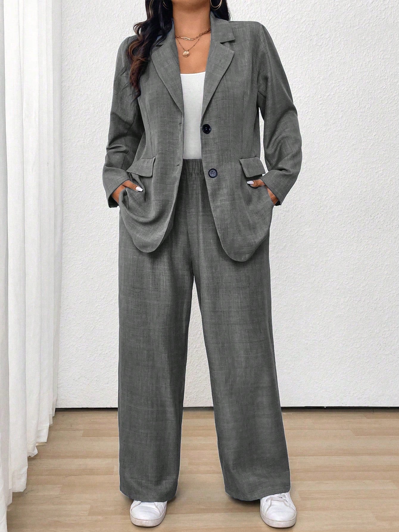LUNE Plus Size Casual Business Solid Color Jacket And Pants Suit