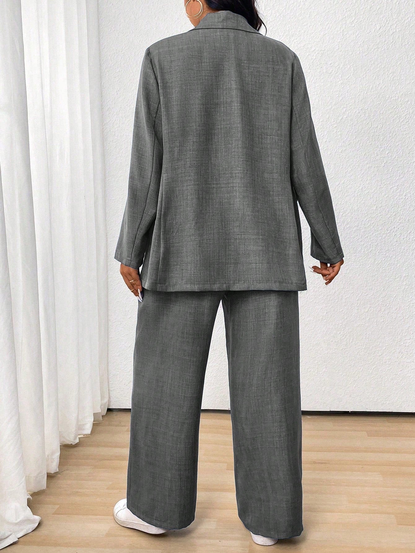 LUNE Plus Size Casual Business Solid Color Jacket And Pants Suit