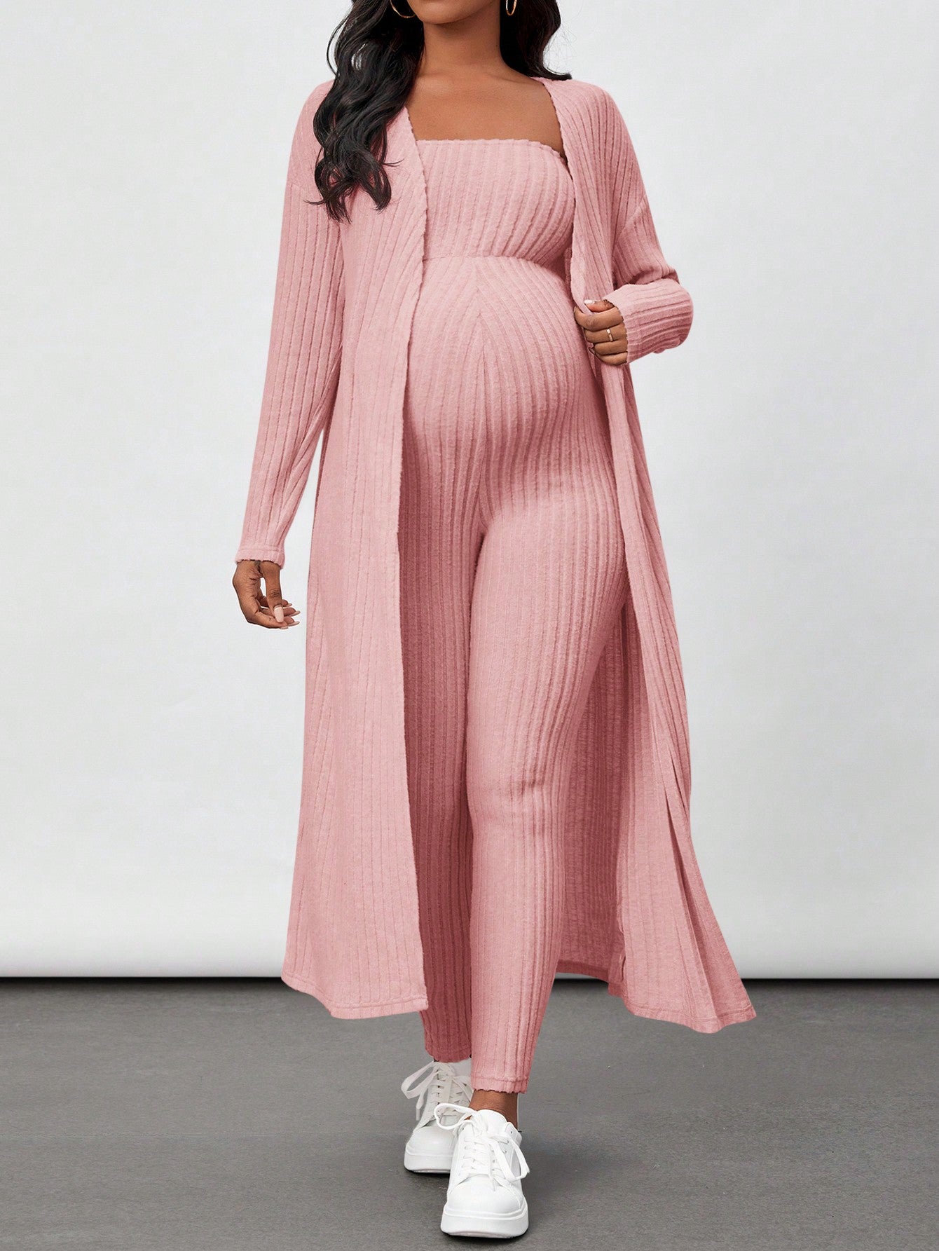 Maternity Ribbed Knit Tube Jumpsuit And Open Front Coat Two Piece Set
